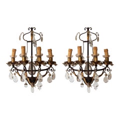 19th Pair of Antique Wrought Iron Wall Sconces with Cut Crystals