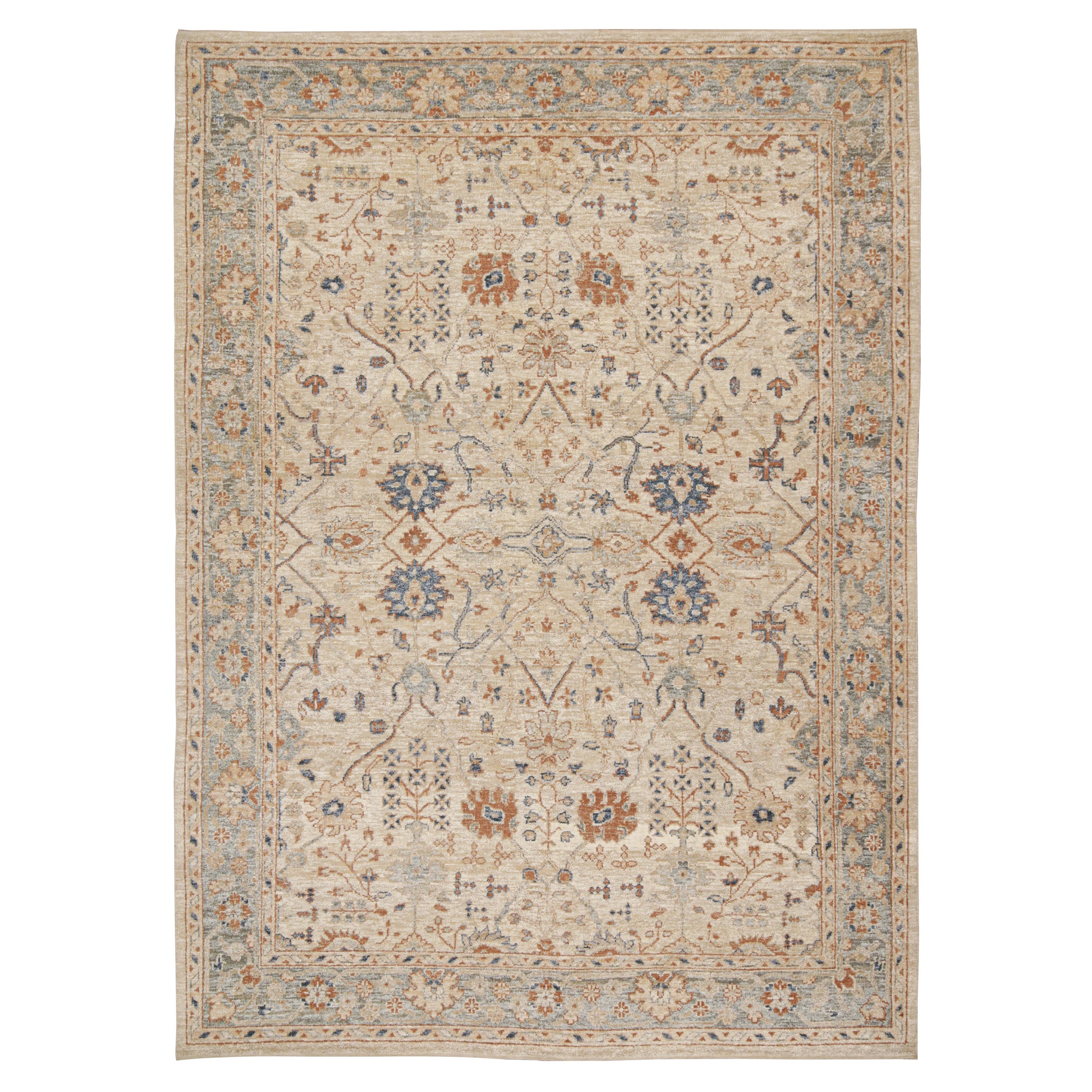 Rug & Kilim’s Oushak Style Rug in Cream, Blue, Beige-Brown Geometric Patterns For Sale