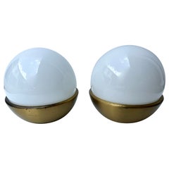 Pair of Ball Lamps Brass and Opaline Murano Glass.  Italy, 1970s
