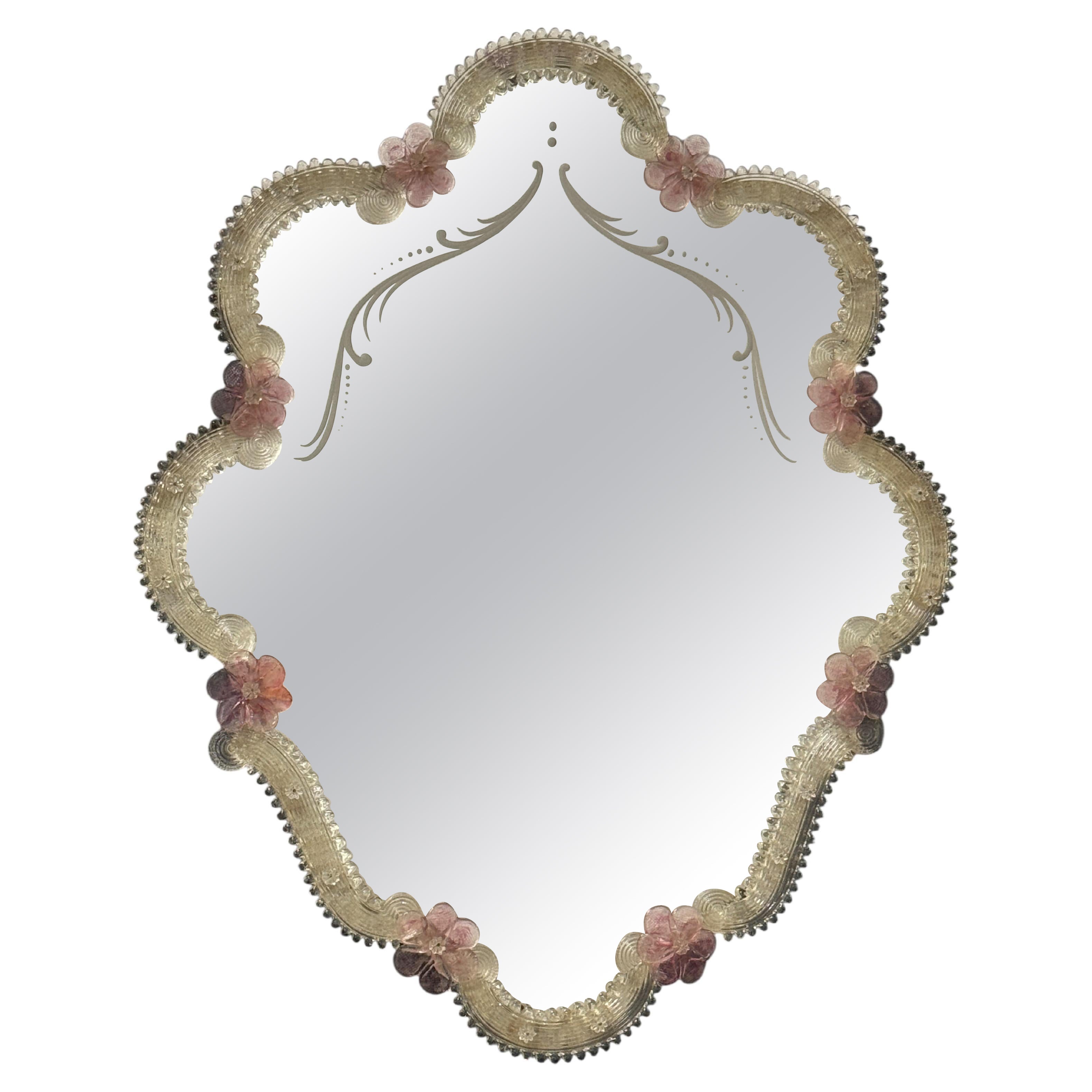 Beautiful Murano Glass Wall Mirror Pink Flowers and Clear Glass, Italy 1960s