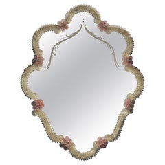 Beautiful Murano Glass Wall Mirror Pink Flowers and Clear Glass, Italy 1960s