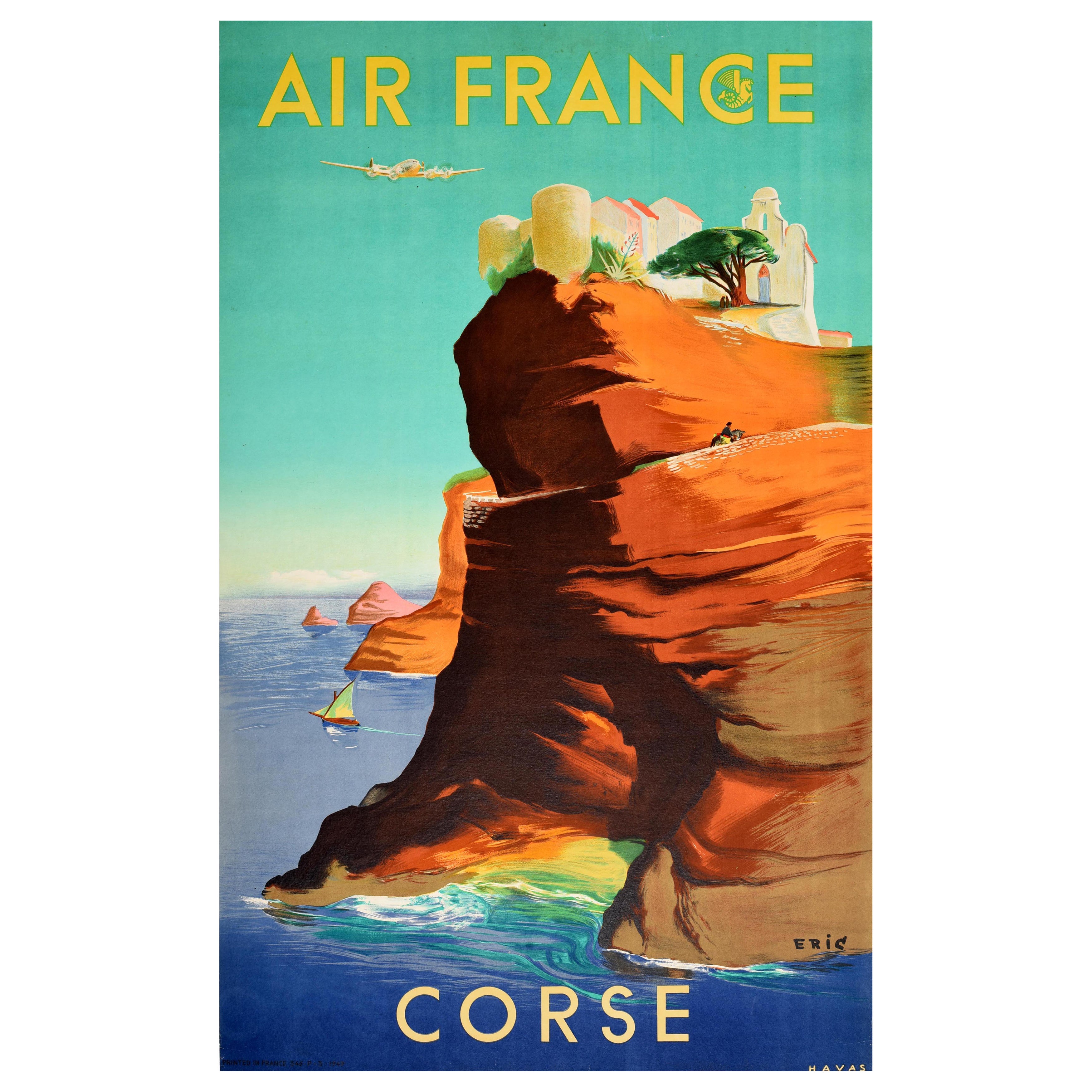 Original Vintage Travel Poster Air France Airline Corsica Corse Eric Midcentury