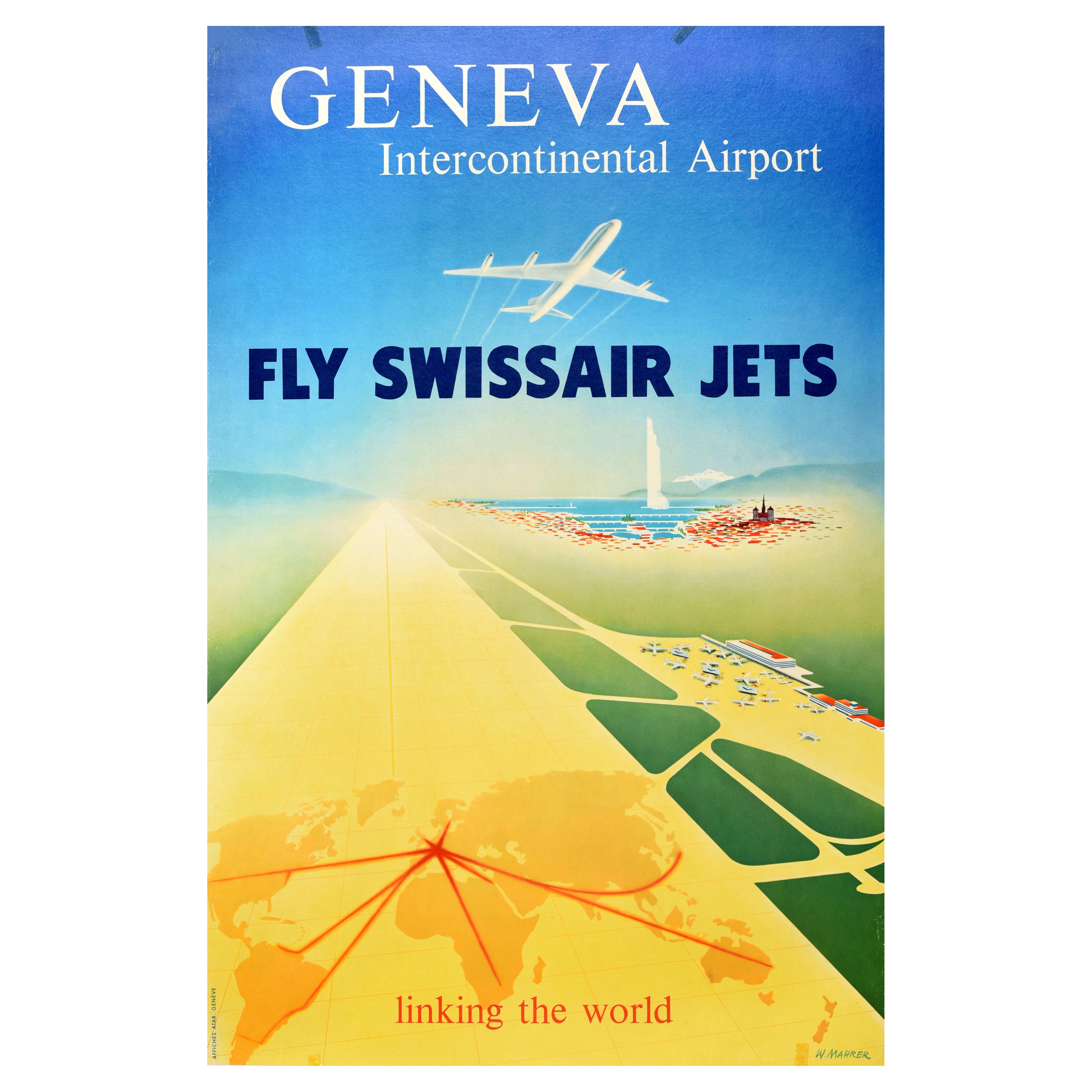Original Vintage Travel Poster Geneva Intercontinental Airport Swissair Jets