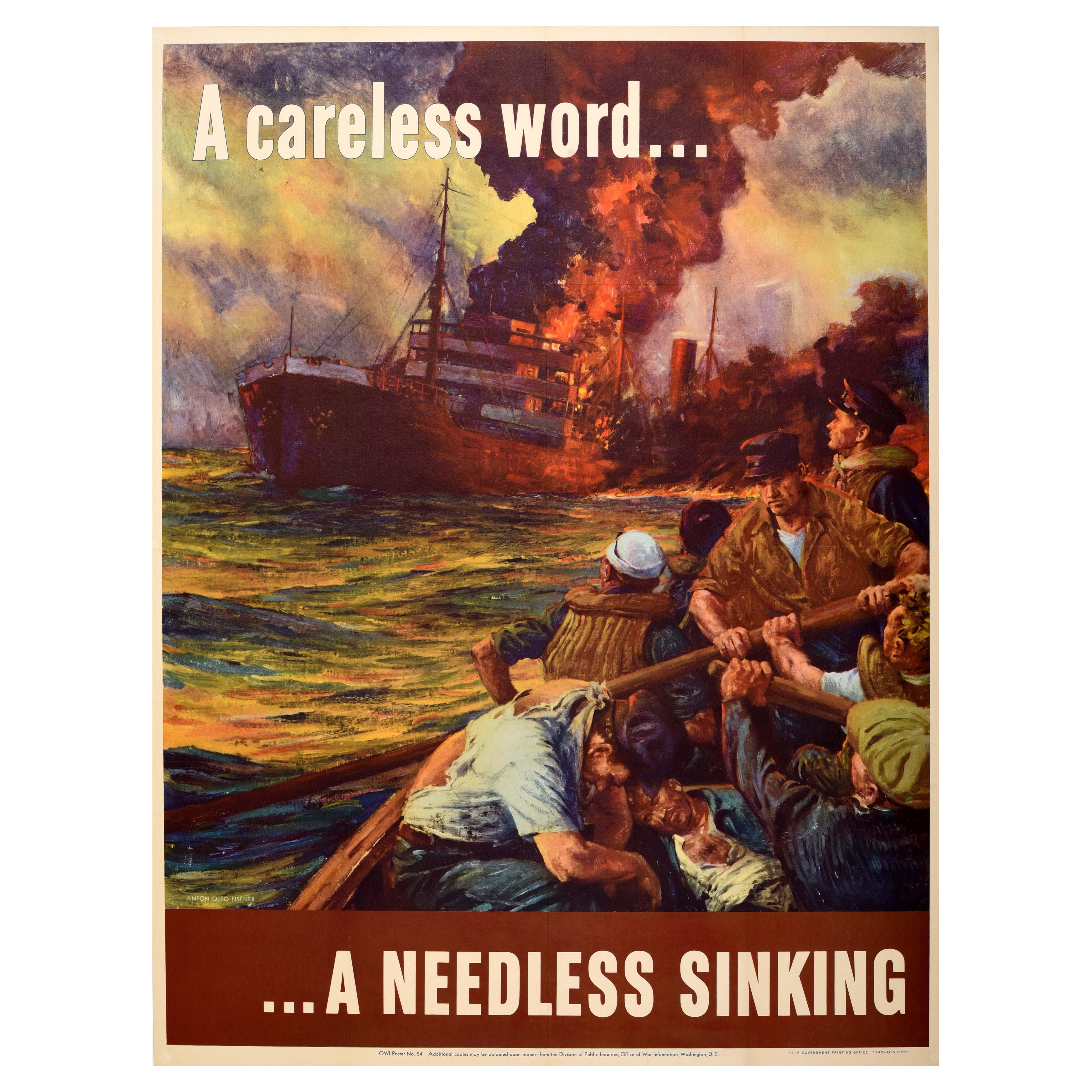 Original Vintage War Propaganda Poster Careless Word Needless Sinking WWII