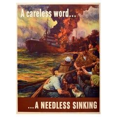 Original Used War Propaganda Poster Careless Word Needless Sinking WWII