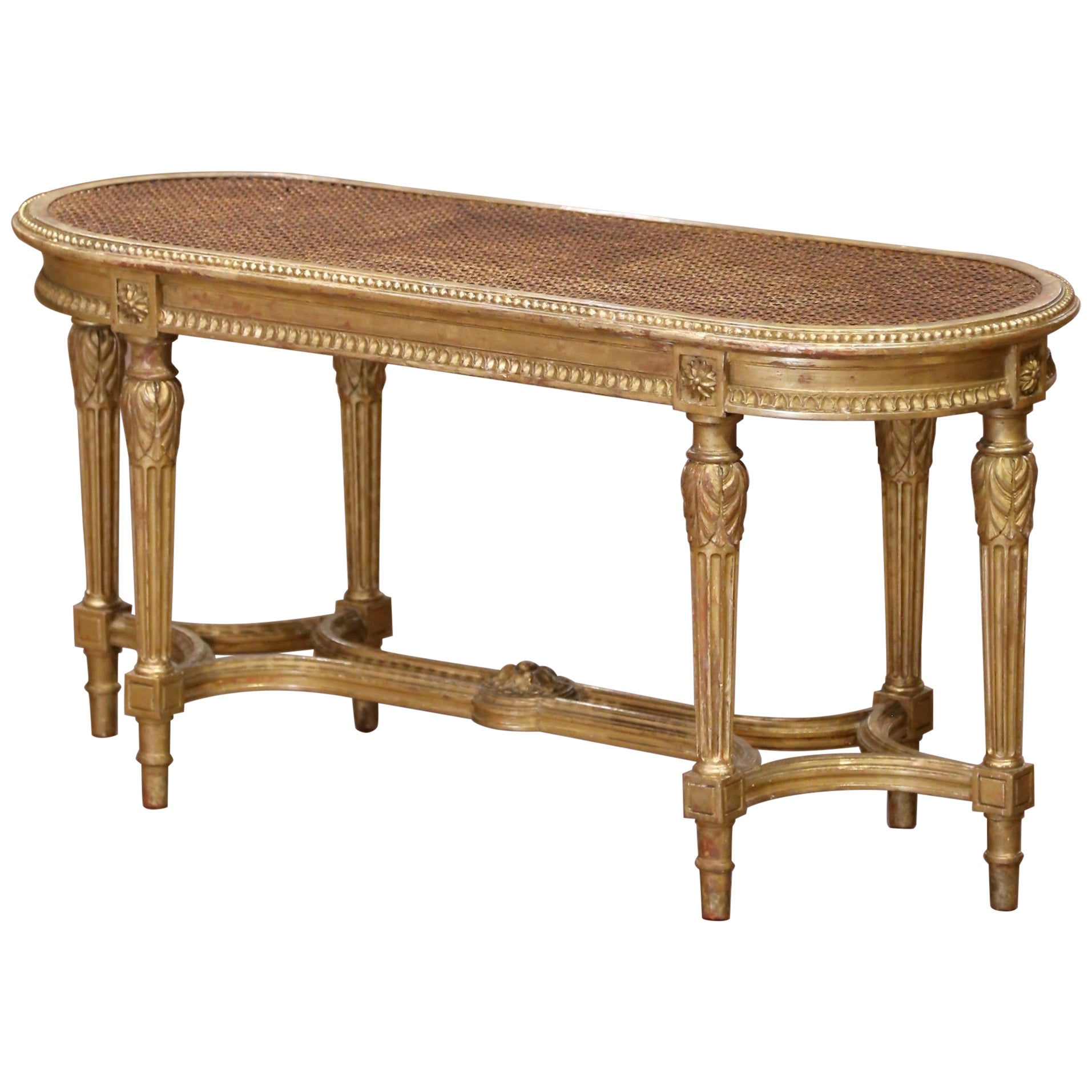 Banc à cannes en bois doré sculpté Louis XVI du début du 20e siècle