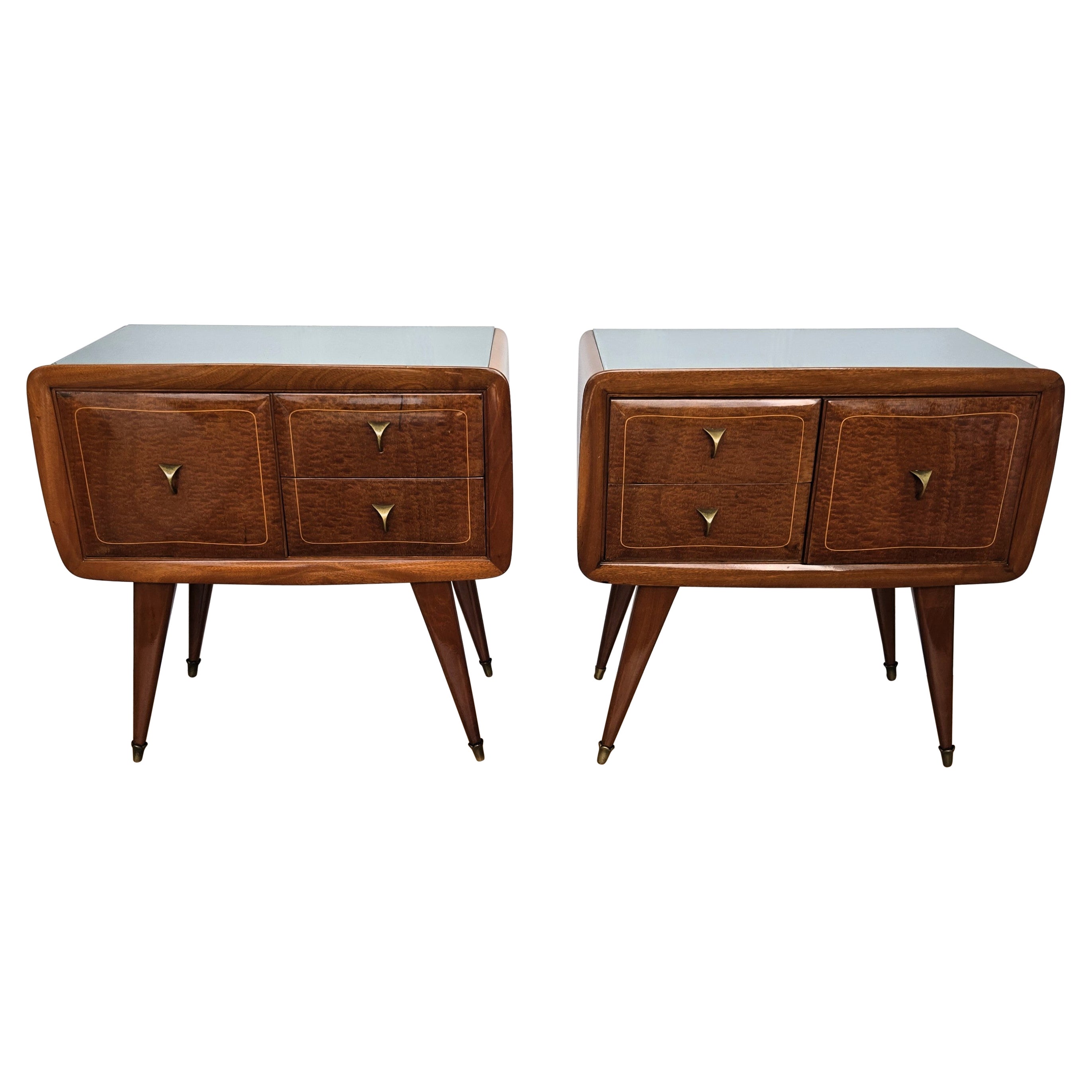 Pair of Mid-Century Italian Art Deco Nightstands Bedside Tables Walnut Glass Top For Sale