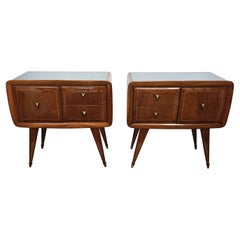 Pair of Mid-Century Italian Art Deco Nightstands Bedside Tables Walnut Glass Top