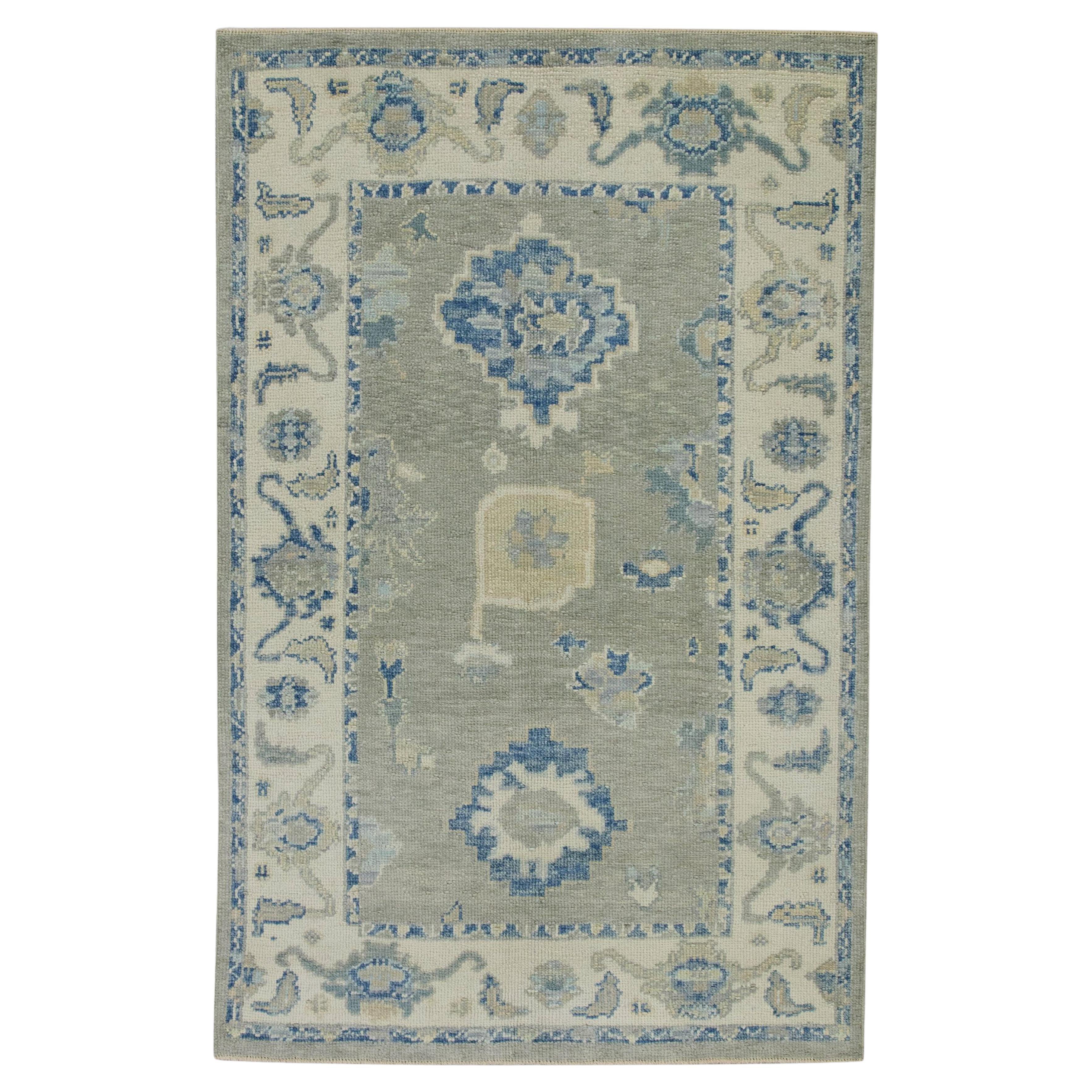 Turkish Oushak Rug Green & Blue Handwoven Wool Rug 3'10" x 5'10"