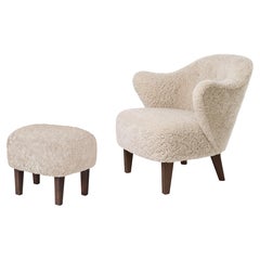 Set of Ingeborg Lounge Chair & Ottoman in Sheepskin Moonlight& Dark Stained Oak