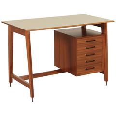 Desk with Drawers Mahogany Veneer, Top Covered with Formica, Brass Tips