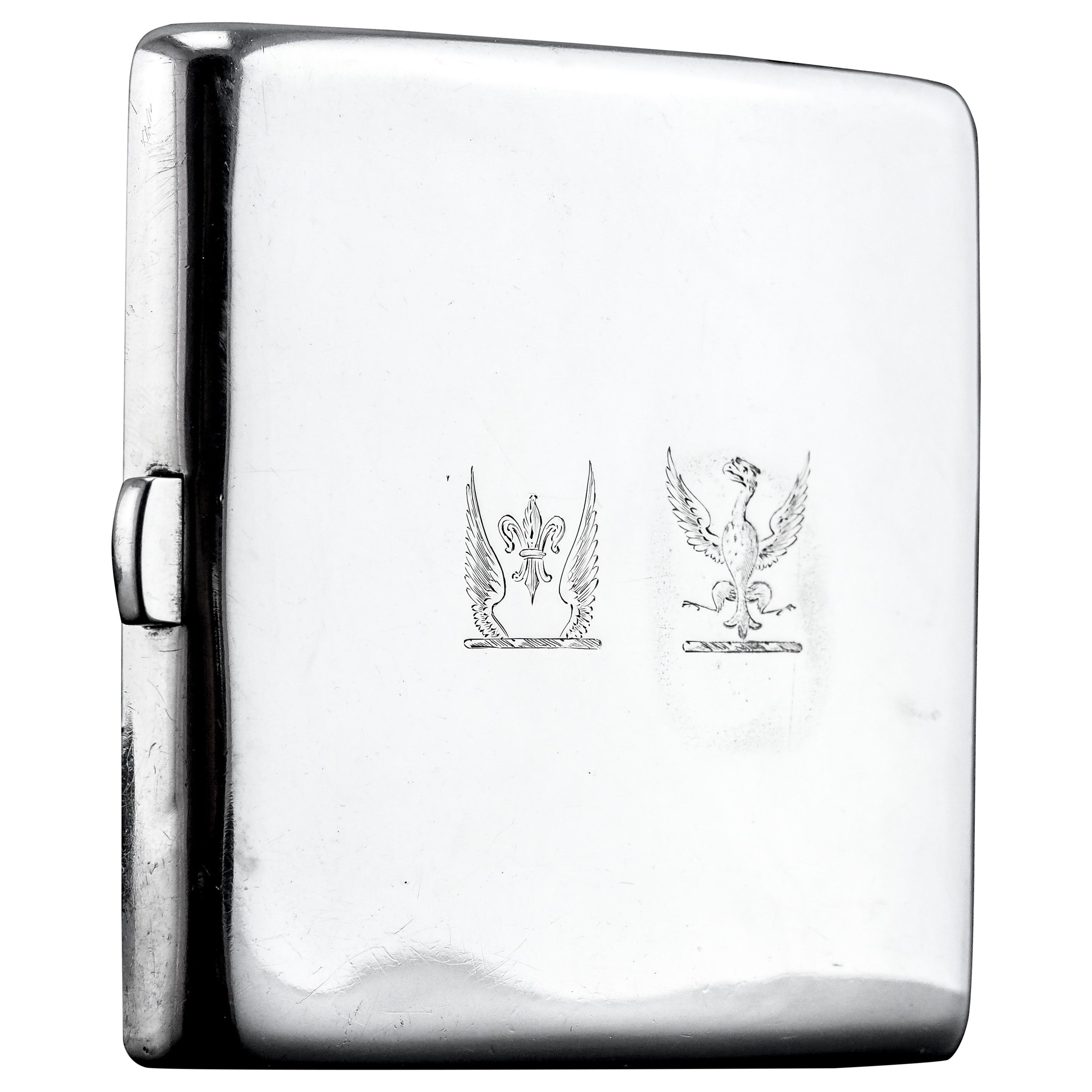 Antique Victorian Solid Silver Cigarette Case Curved & Crested - London 1894