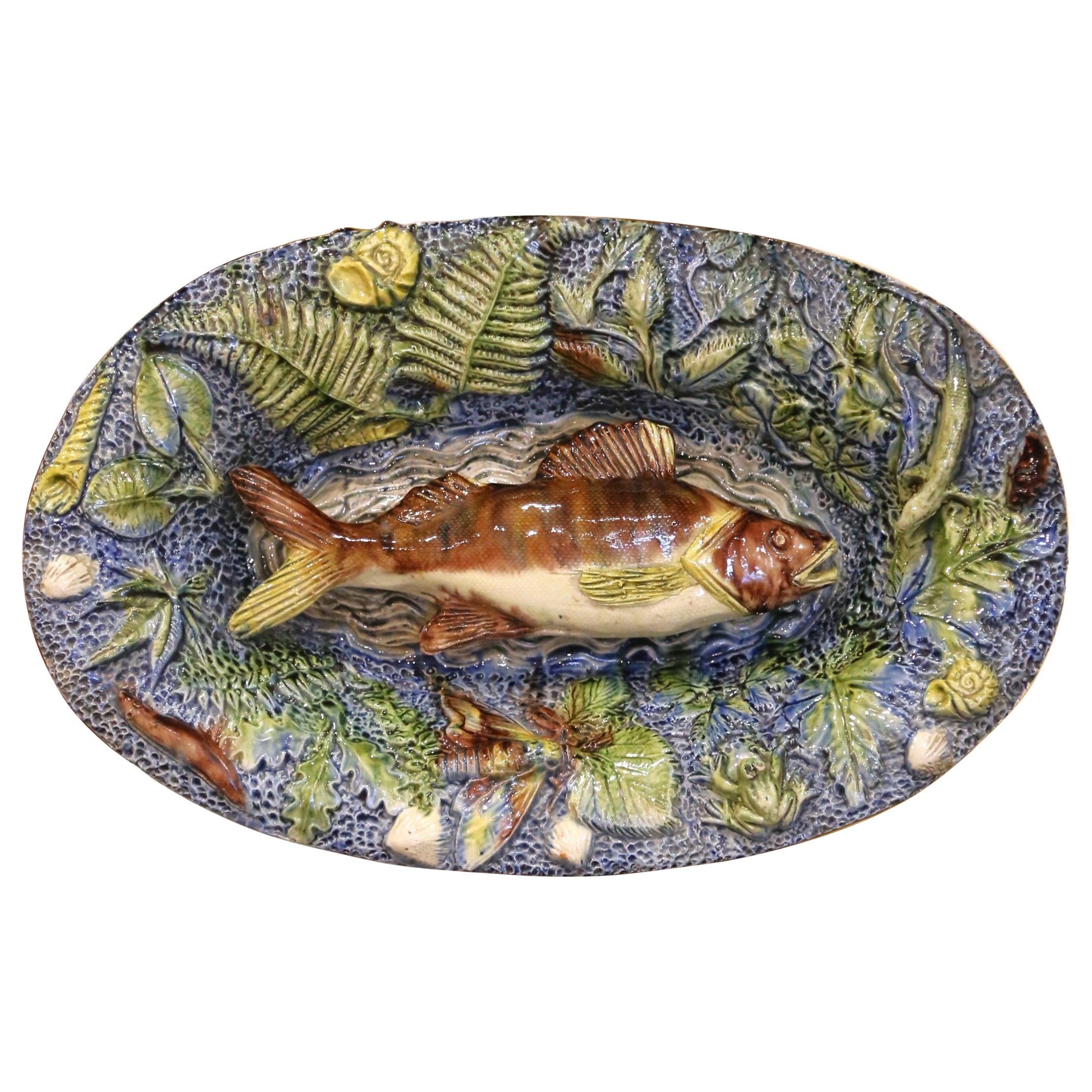 Plateau à poisson Barbotine en céramique peinte à la main du 19e siècle, style Palissy
