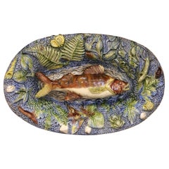 Piatto di pesce Barbotine in ceramica dipinto a mano del XIX secolo in stile Palissy