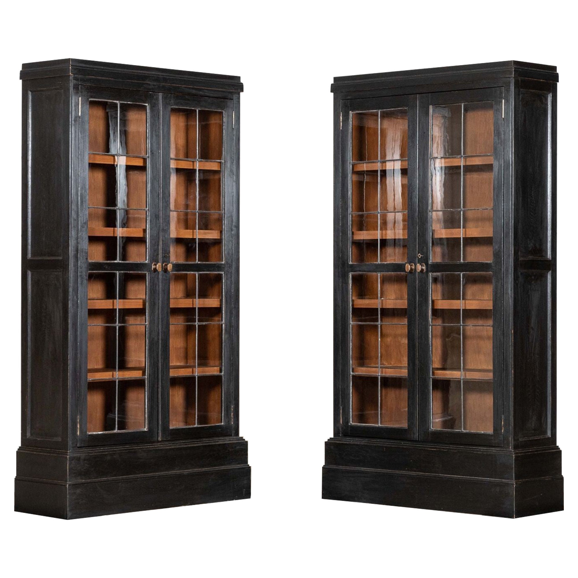 Pair English Ebonised Oak Glazed Bookcases For Sale