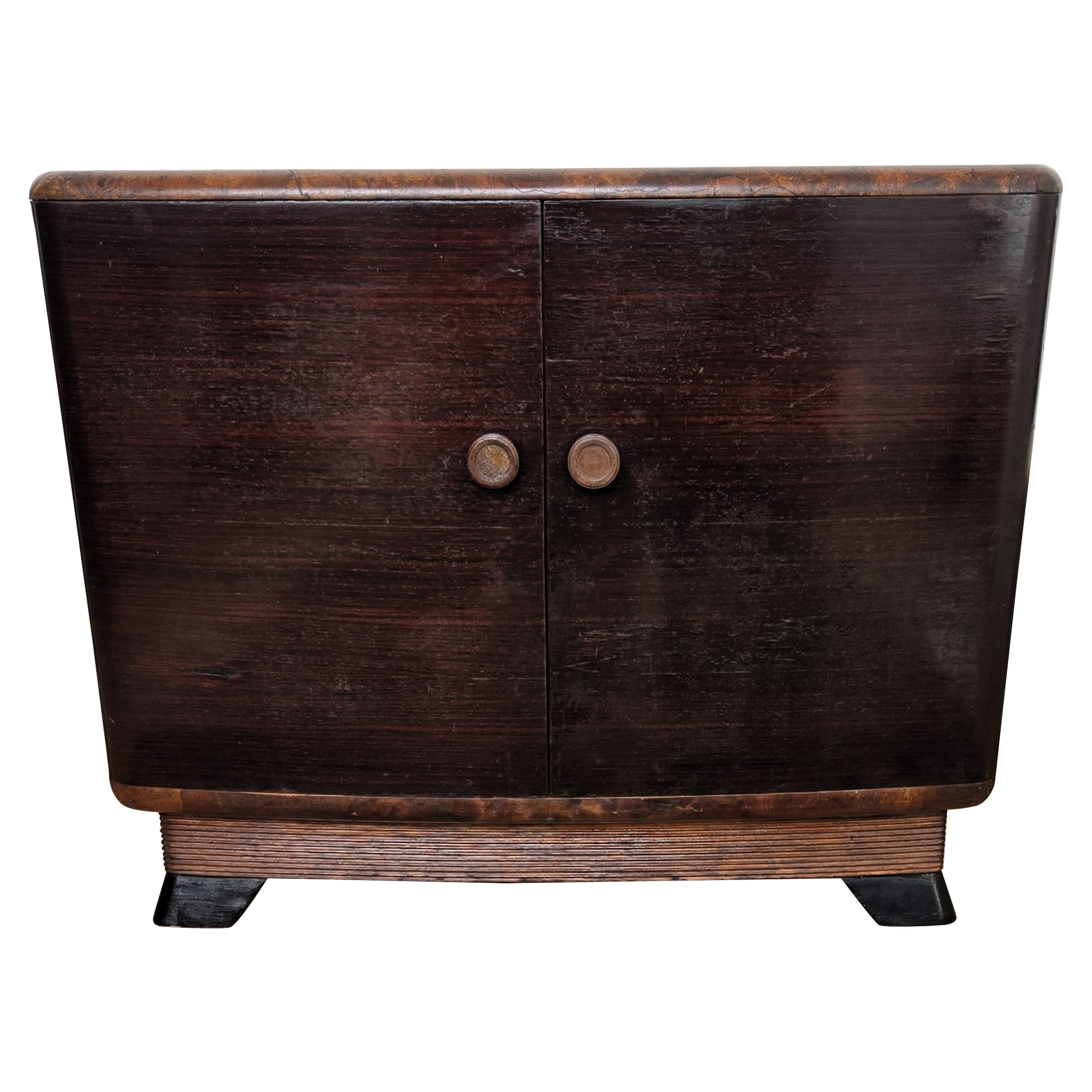 Italian 1940s Art Deco Mid-Century Walnut Burl and Mirror Mosaic Dry Bar Cabinet