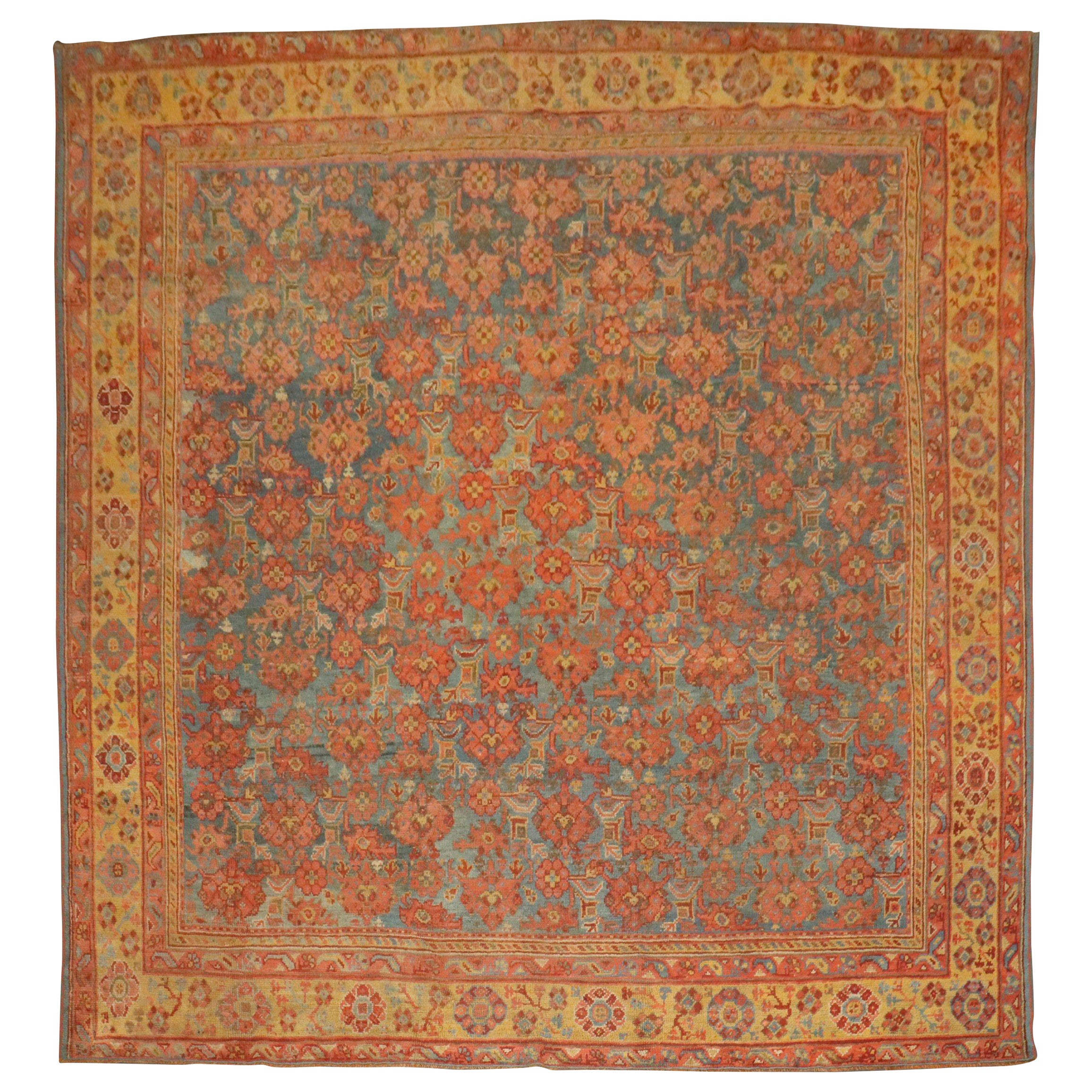 Zabihi Collection Colorful Square Antique Turkish Oushak Rug For Sale