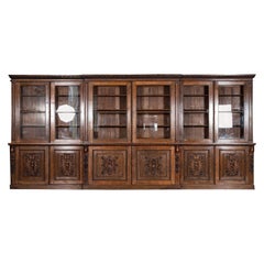 Magnificent Monumental English 19thC Carved Oak Breakfront Glazed Bookcase