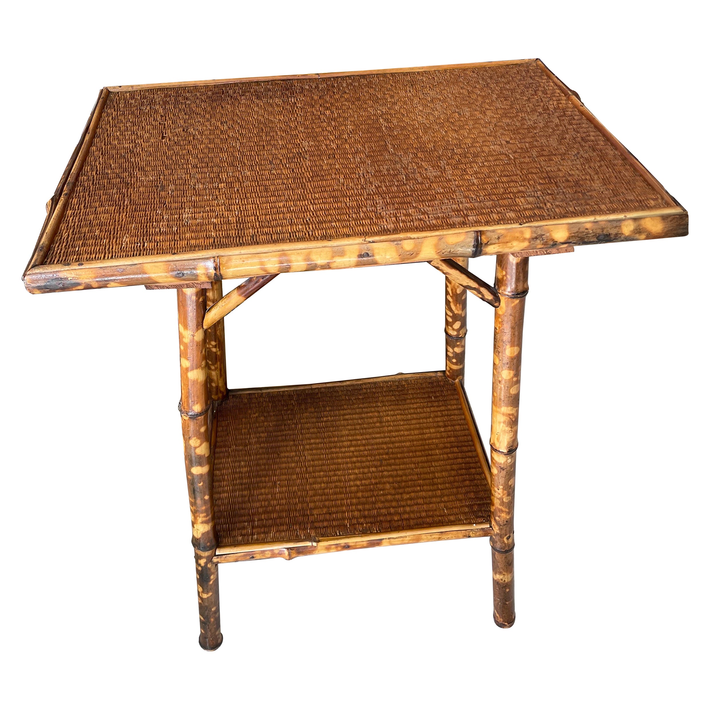 Antique Burnt Bamboo Two-Tiered Side / End Table For Sale