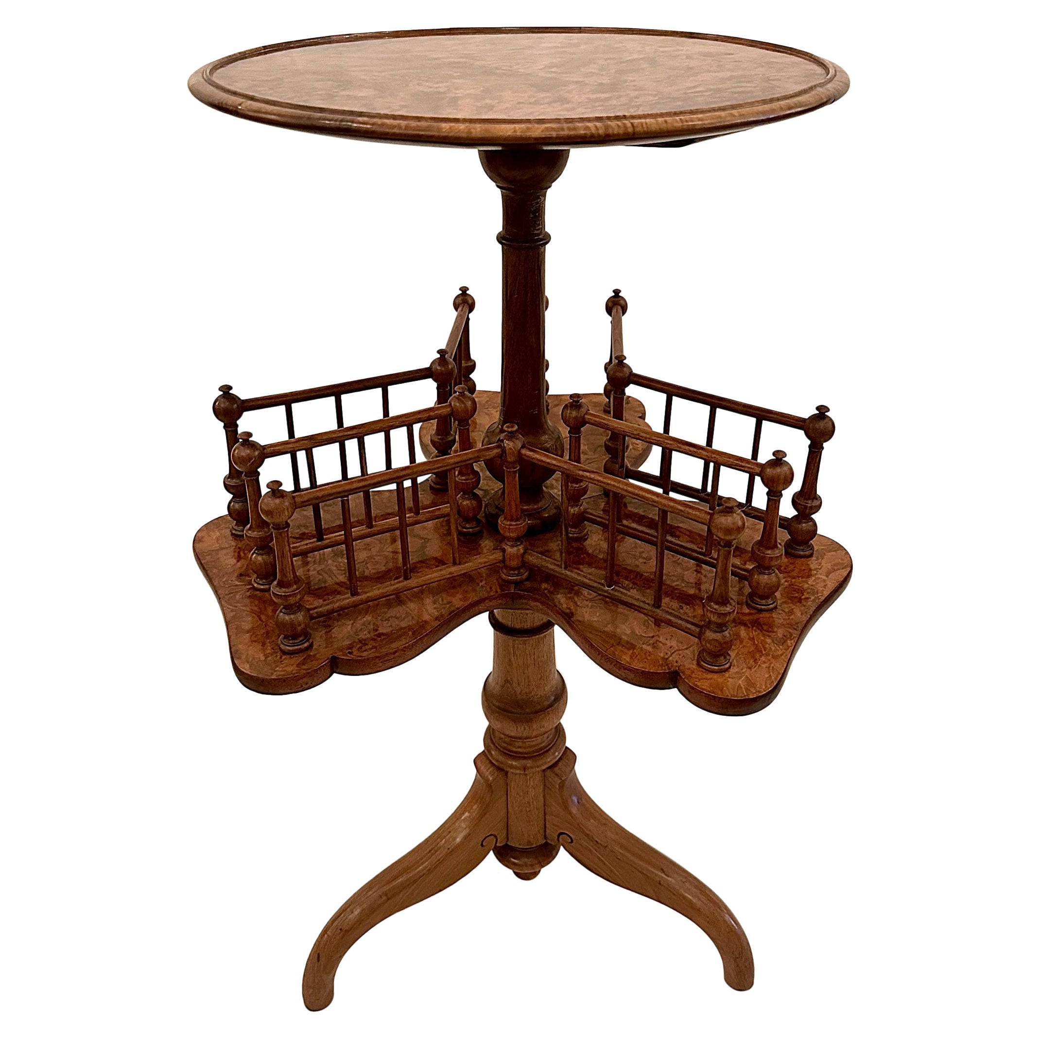 Antique English Victorian Burled Walnut Revolving Bookstand Table, Circa 1880.