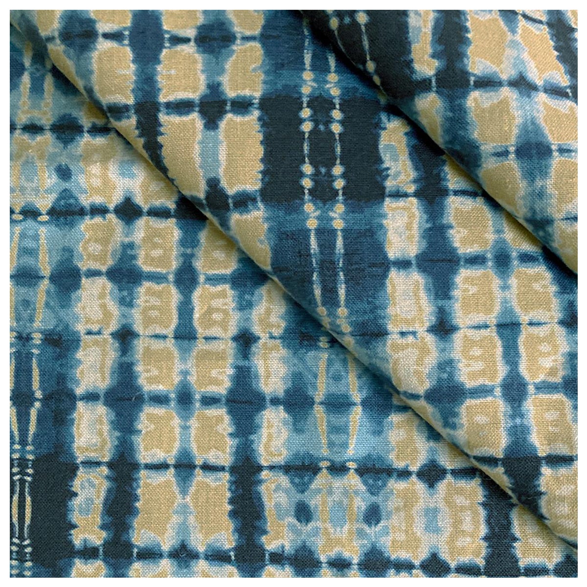 Ripple Fabric in Gold and Indigo, Belgian Linen (Fabric by the Yard)