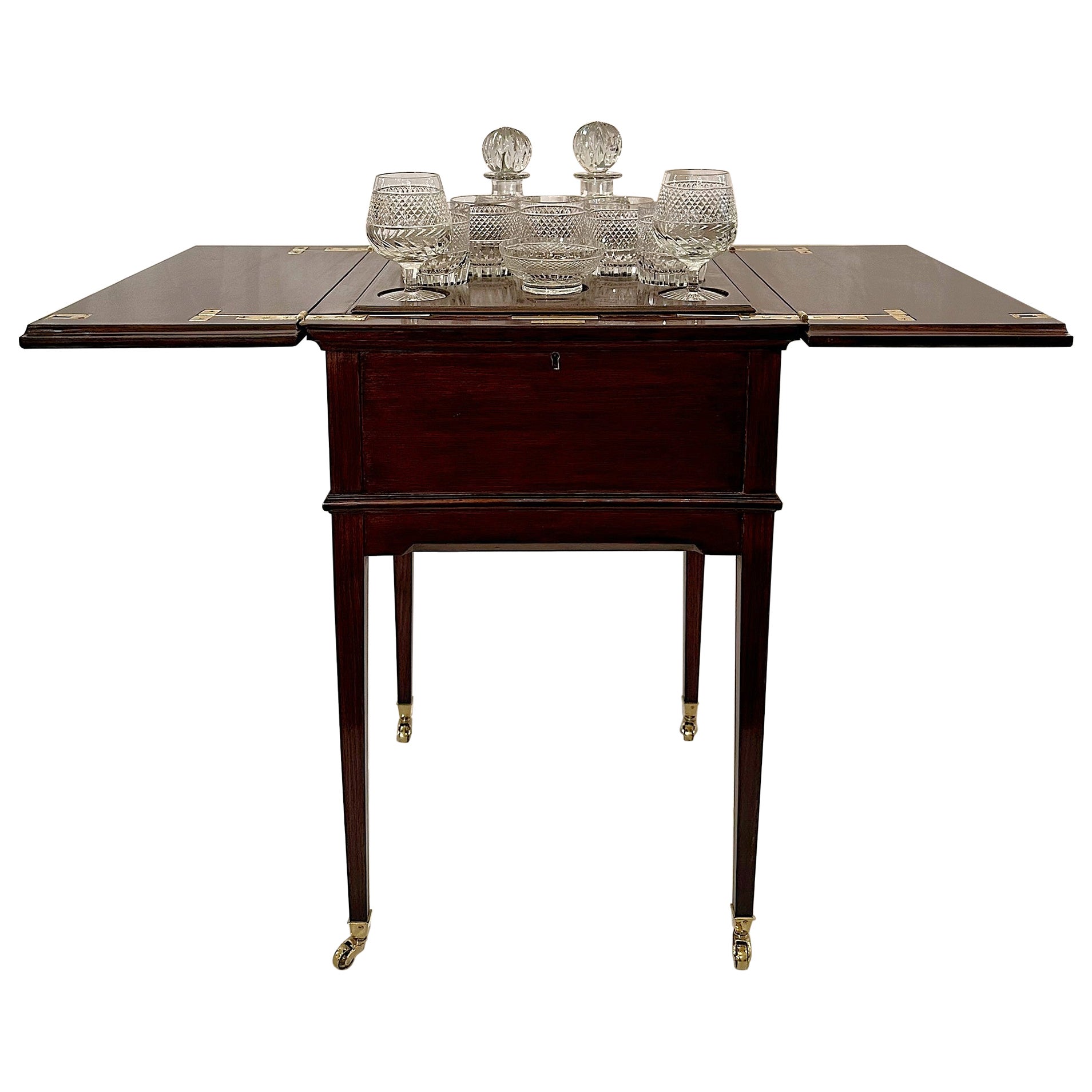 Antique English Mahogany and Cut Crystal Mechanical Surprise Bar, Circa 1930's. For Sale
