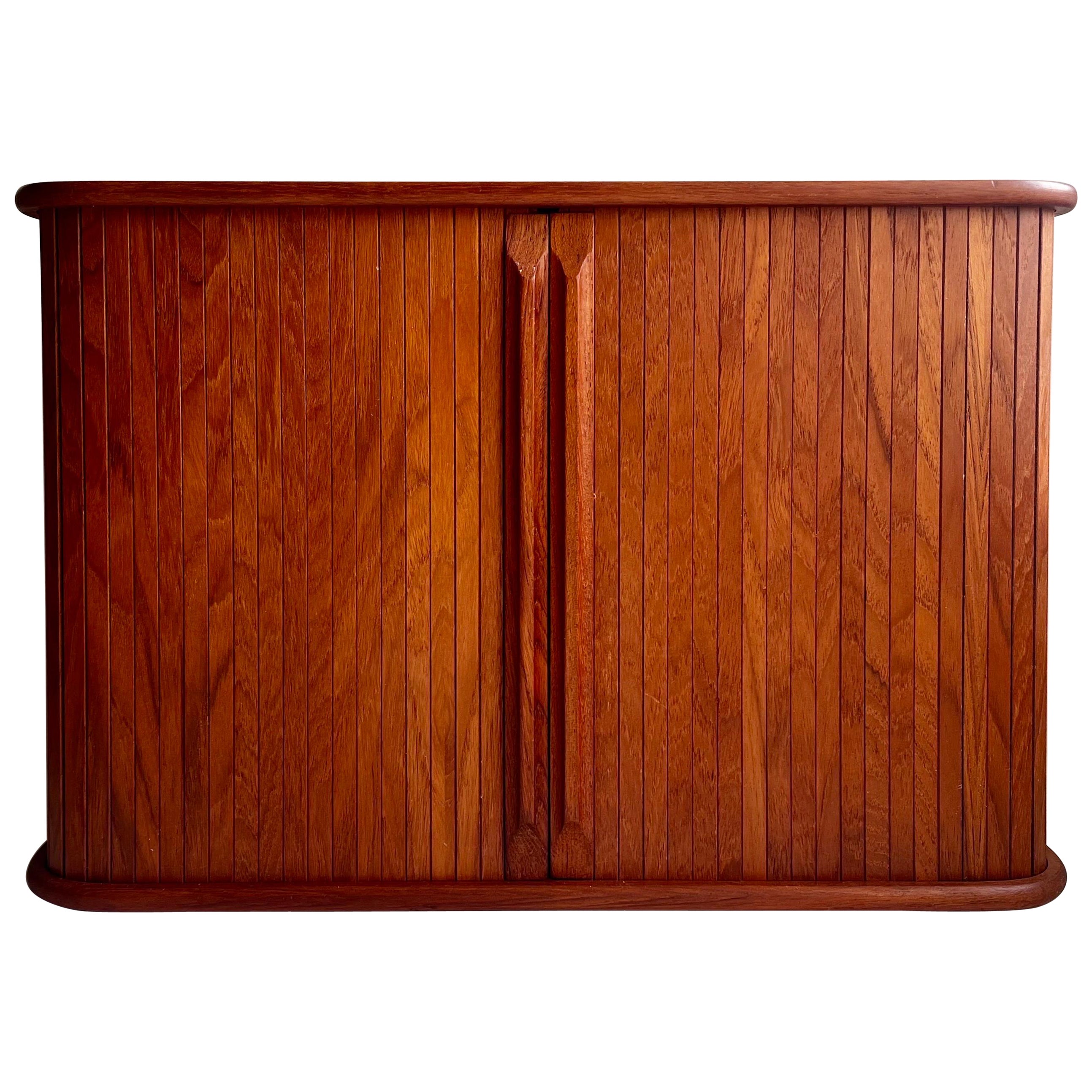 Teak Wall Mounted Storage Cabinet with Tambour Doors For Sale