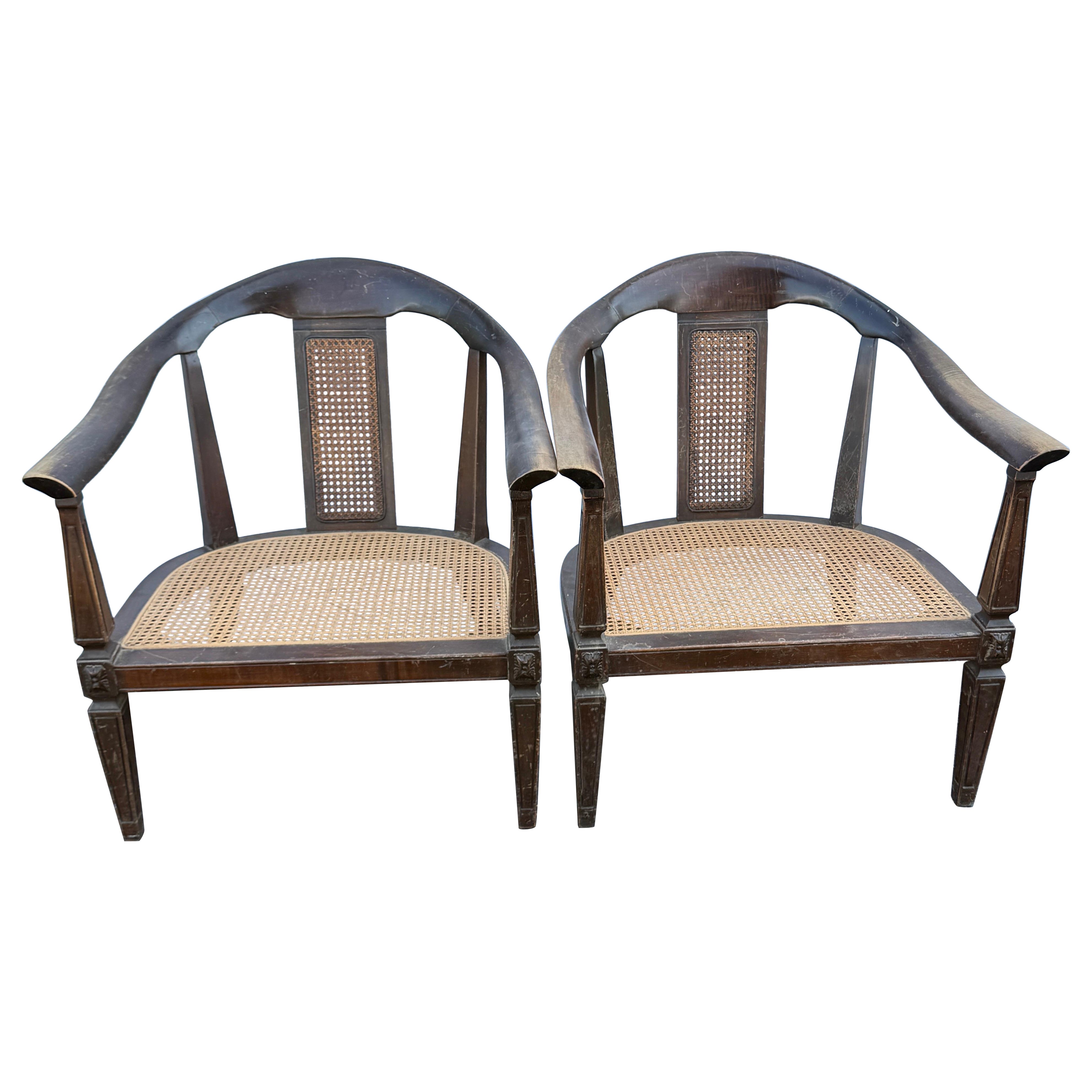 Pair of Horseshoe Shape Occasional Lounge Cane Armchairs For Sale