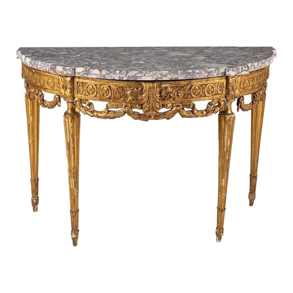 18th Century French Louis XVI Carved Demi Lune Console with Marble Top For Sale