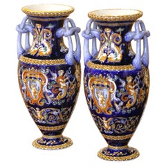 Pair of Early 20th C. Faience Vases with Hand-Painted Cherub Motifs from Gien