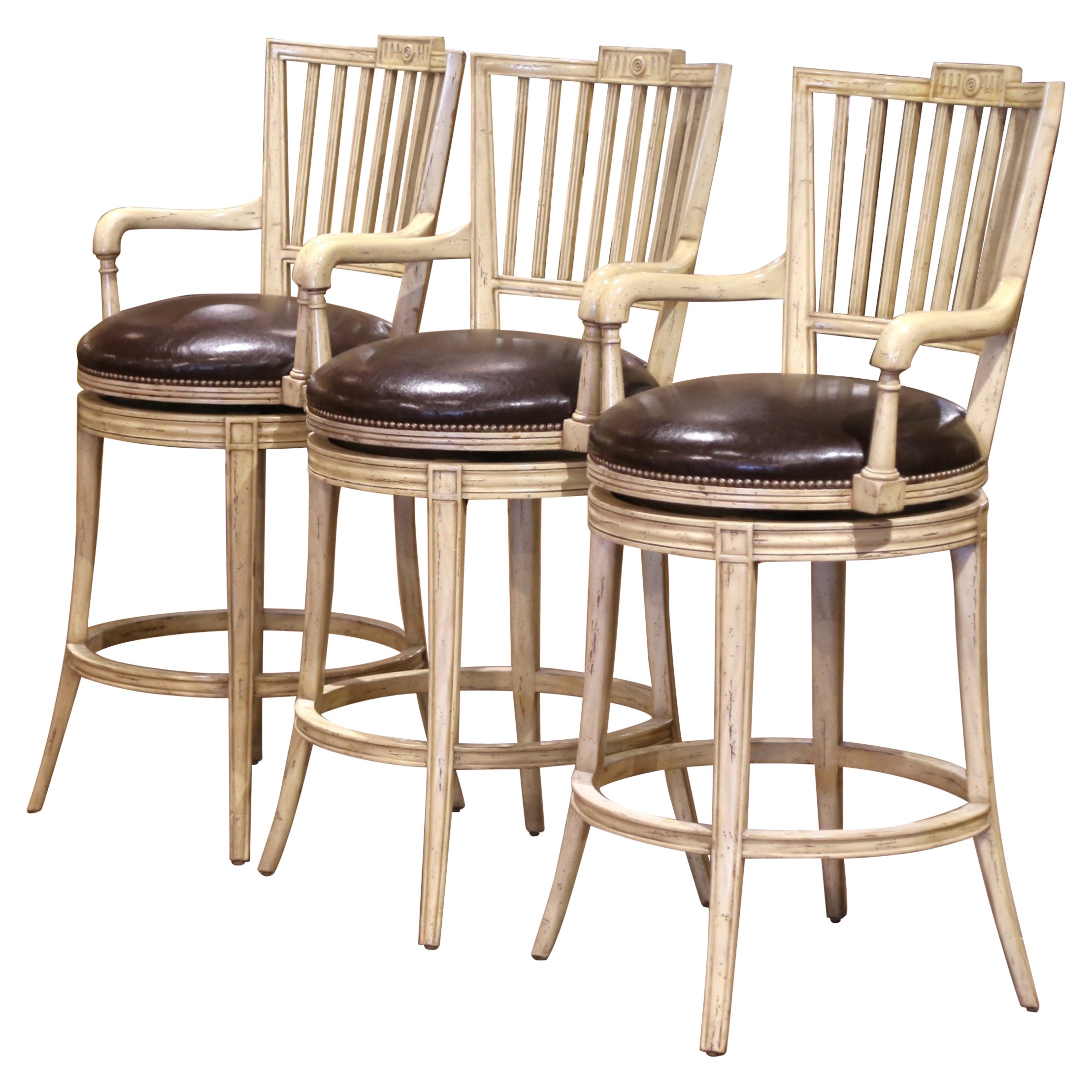 Louis Philippe Style Cream-Painted Swivel Barstools with Leather Seats, Set of 3 For Sale