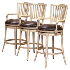 Louis Philippe Style Cream-Painted Swivel Barstools with Leather Seats, Set of 3