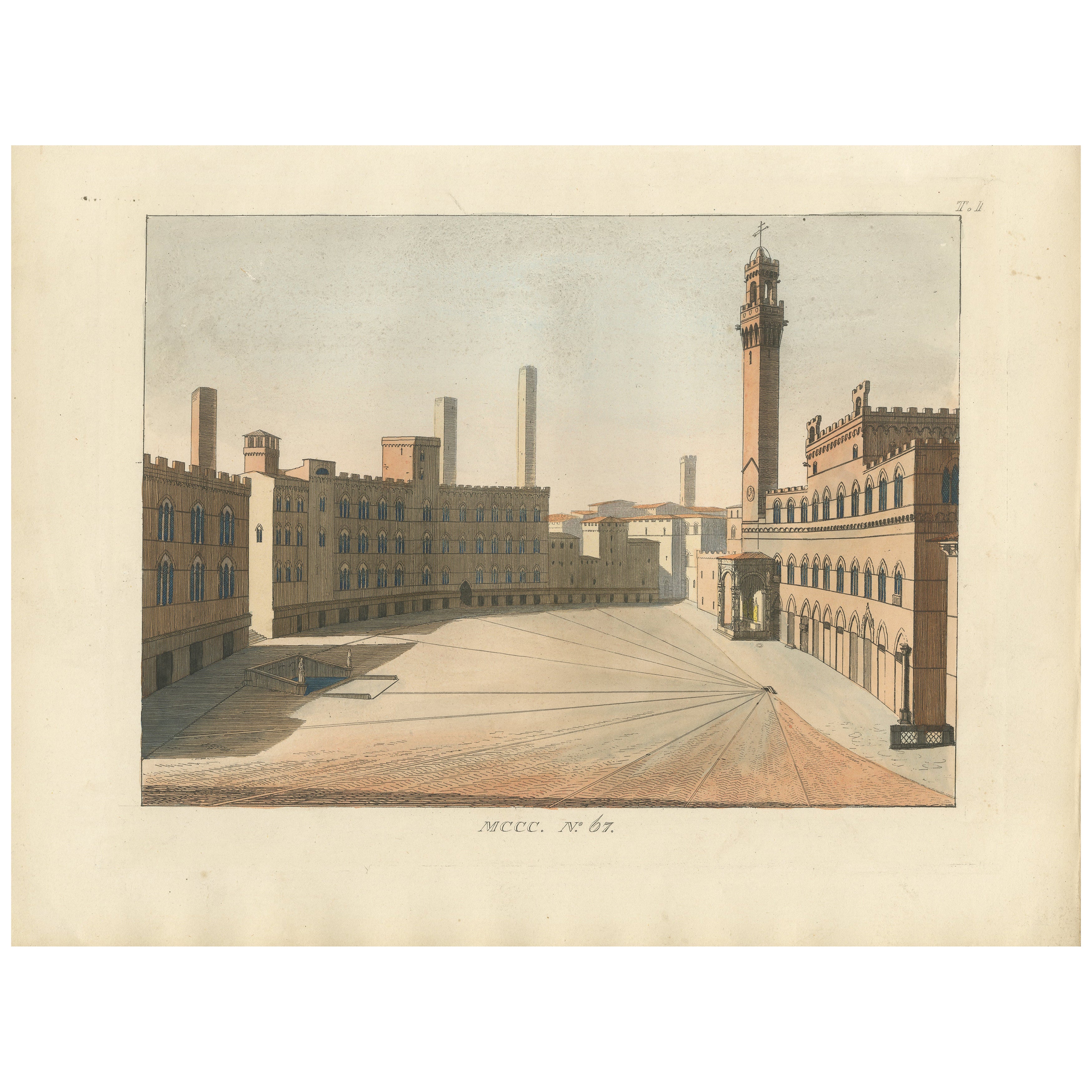 View of the Piazza del Campo and Palazzo Pubblico in Siena, 14th Century, 1845 For Sale
