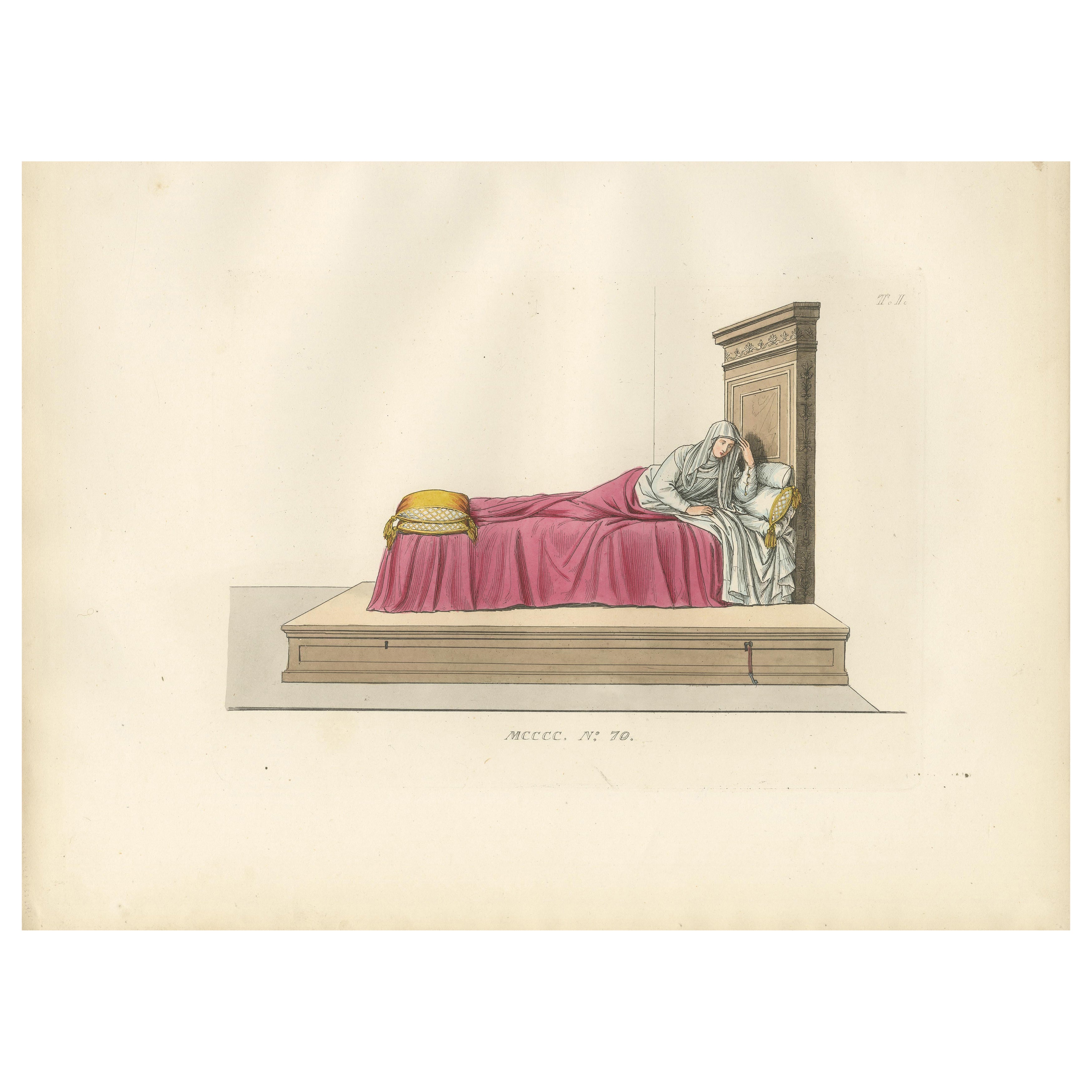Italian Noblewoman Reclining in Bed – Renaissance Interior Scene, Published 1845 For Sale