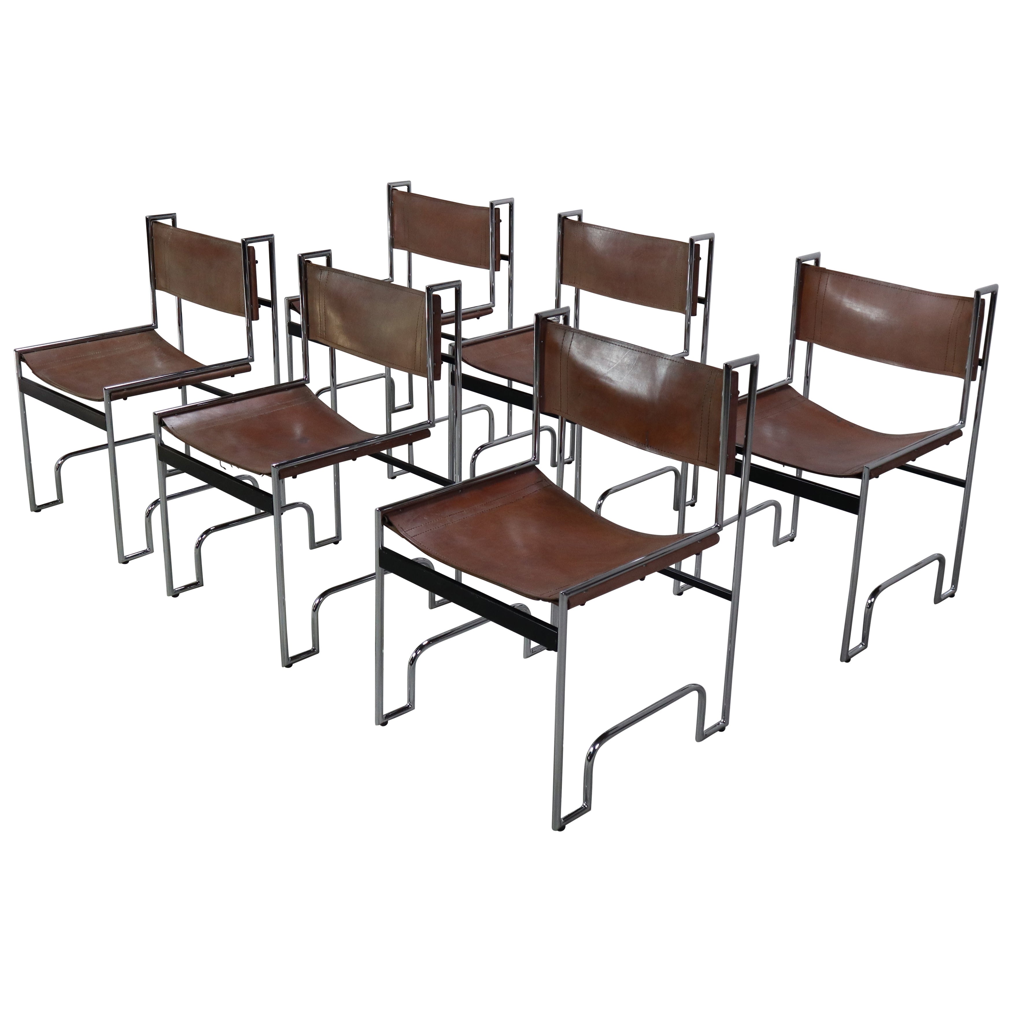 Set of 6 vintage chrome and leather dining chairs in Bauhaus style, 1970s For Sale