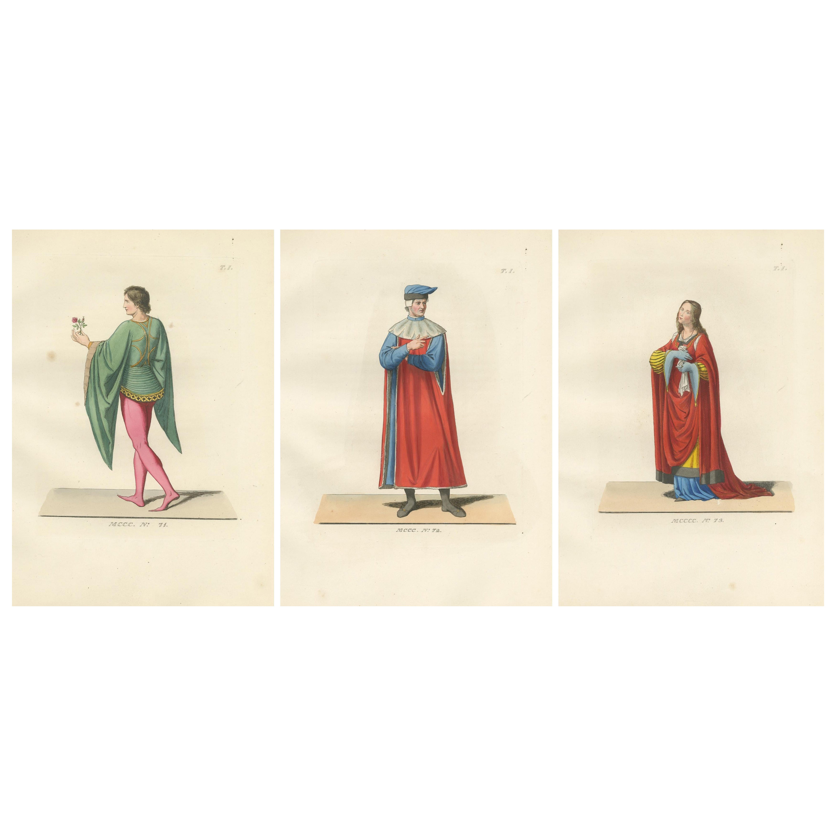 French Youth, Italian Nobleman and Noblewoman in Renaissance Costume, 1845 Print For Sale