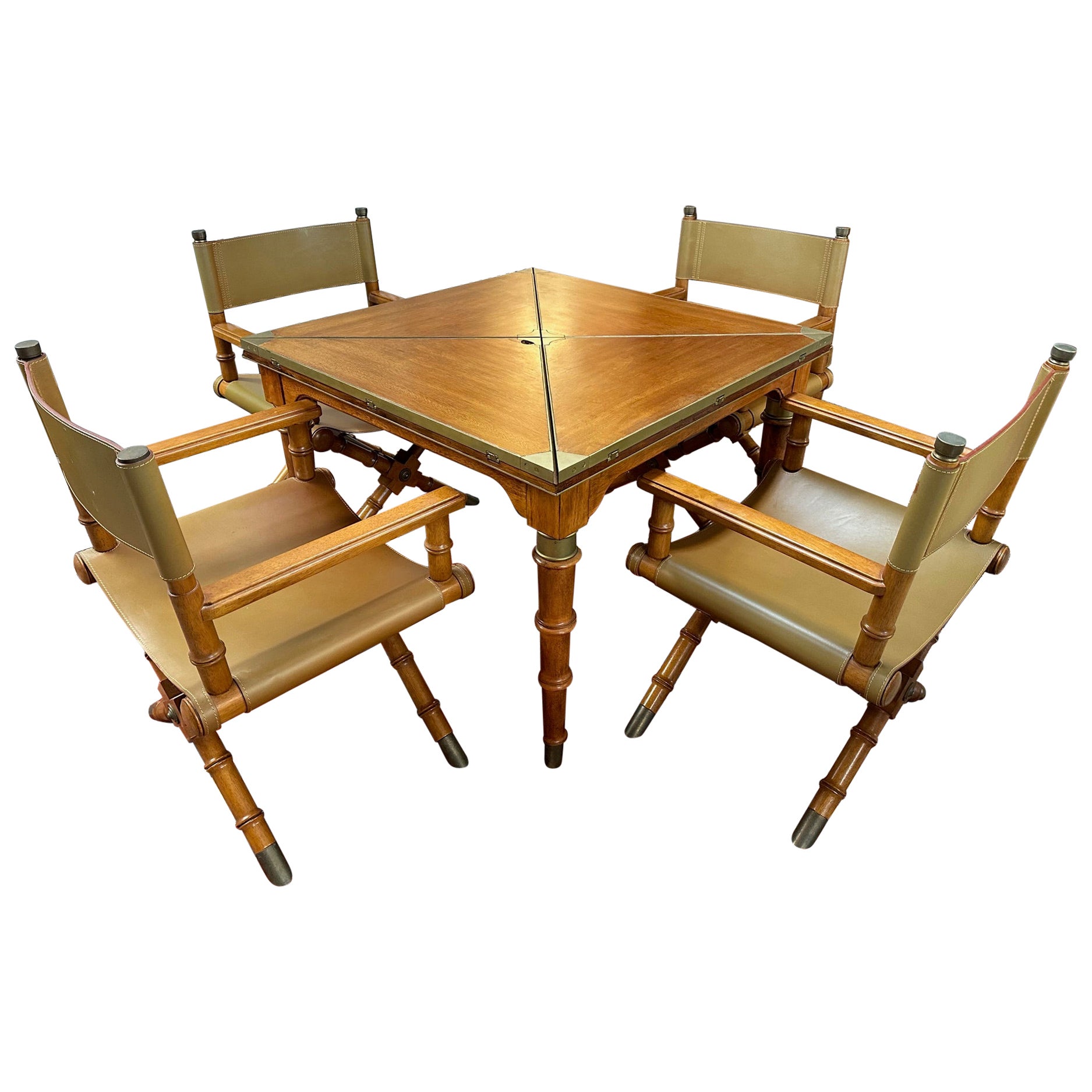 Handsome Mahogany and Brass Game Table with Leather Chairs For Sale
