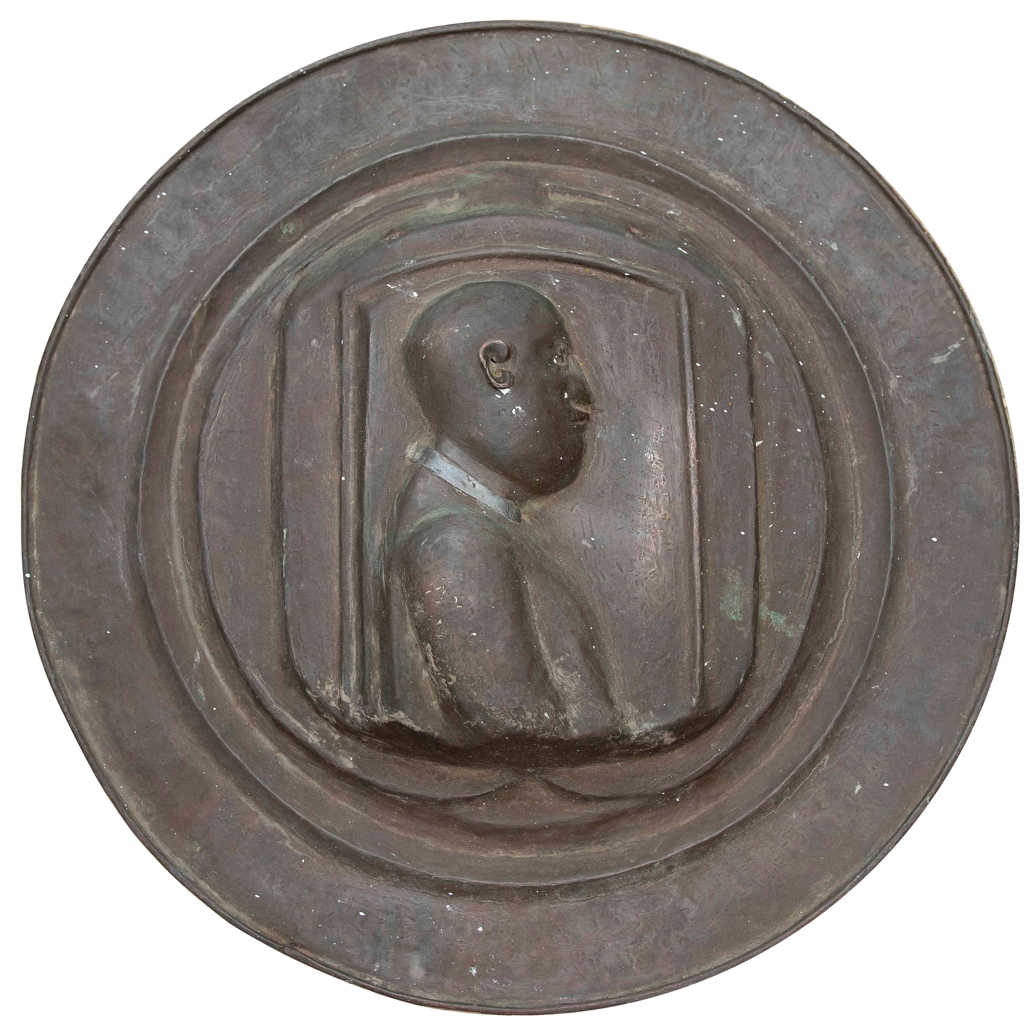1970s Metal Medallion or Plaque with a Male Bust in Relief in Classicist Style For Sale