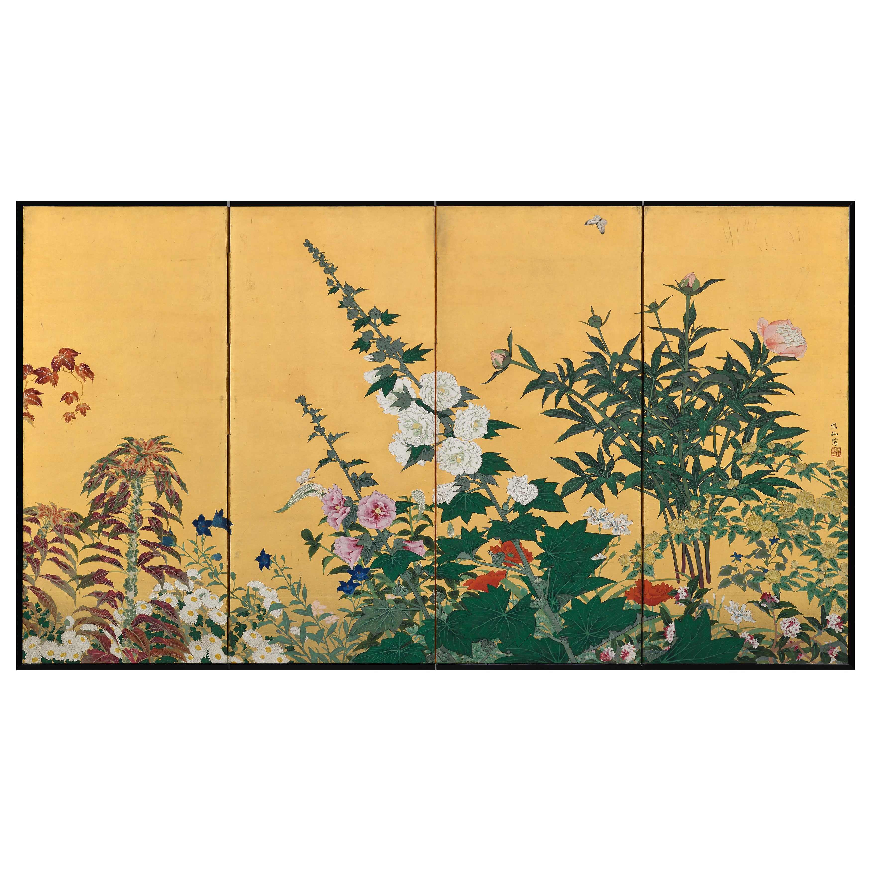 Early 20th Century Japanese Screen. Flowers of the Four Seasons. For Sale