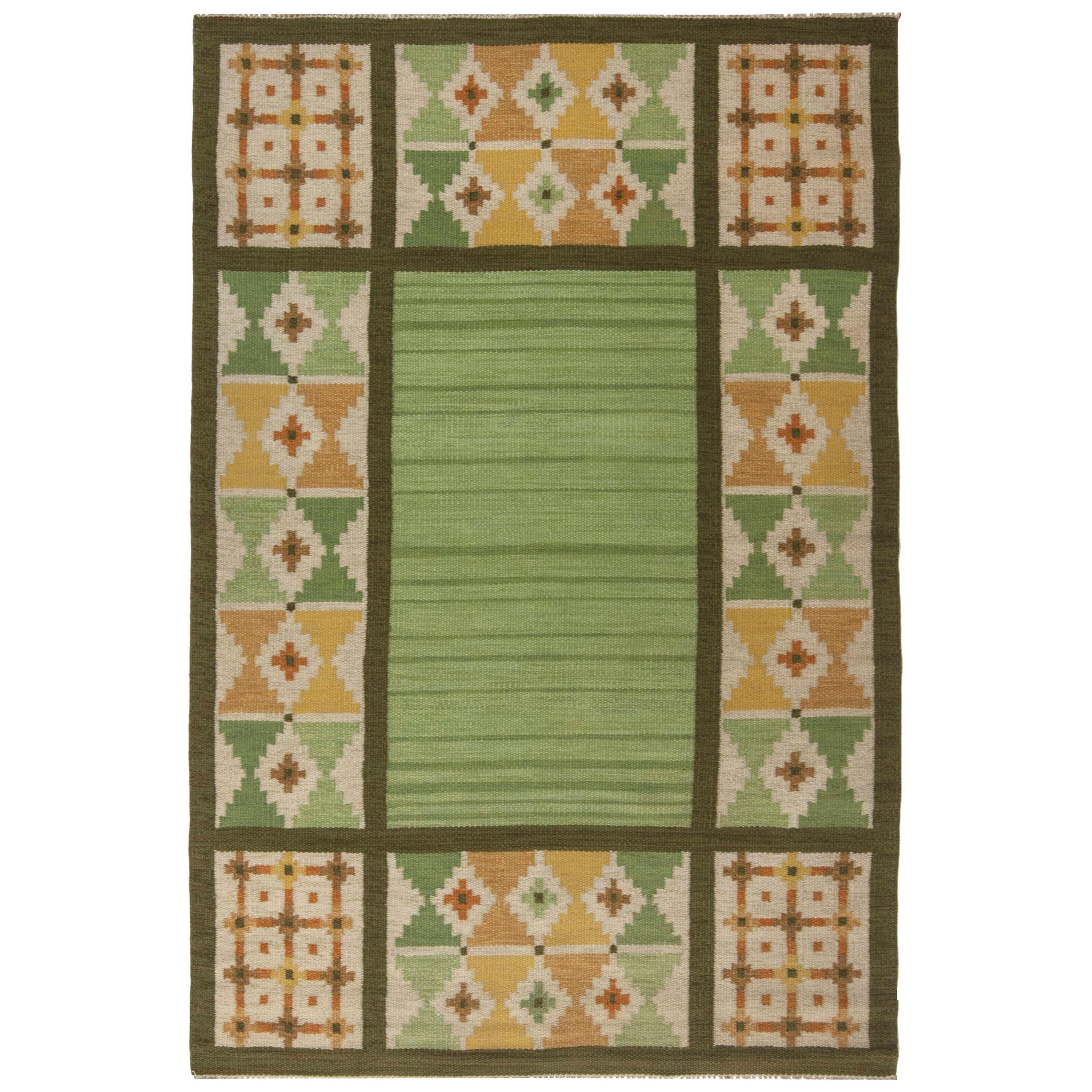 Doris Leslie Blau Vintage Swedish Flat-Weave Rug in Earthy Green and Golden Tone For Sale