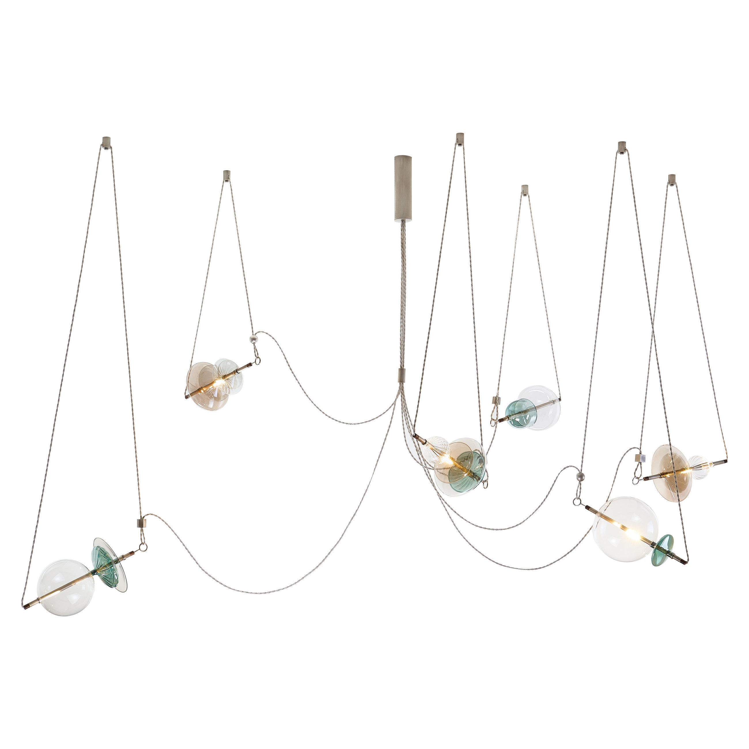 Trapezi Six Lights Contemporary Chandelier Tarnished Silver finish, Blown Glass