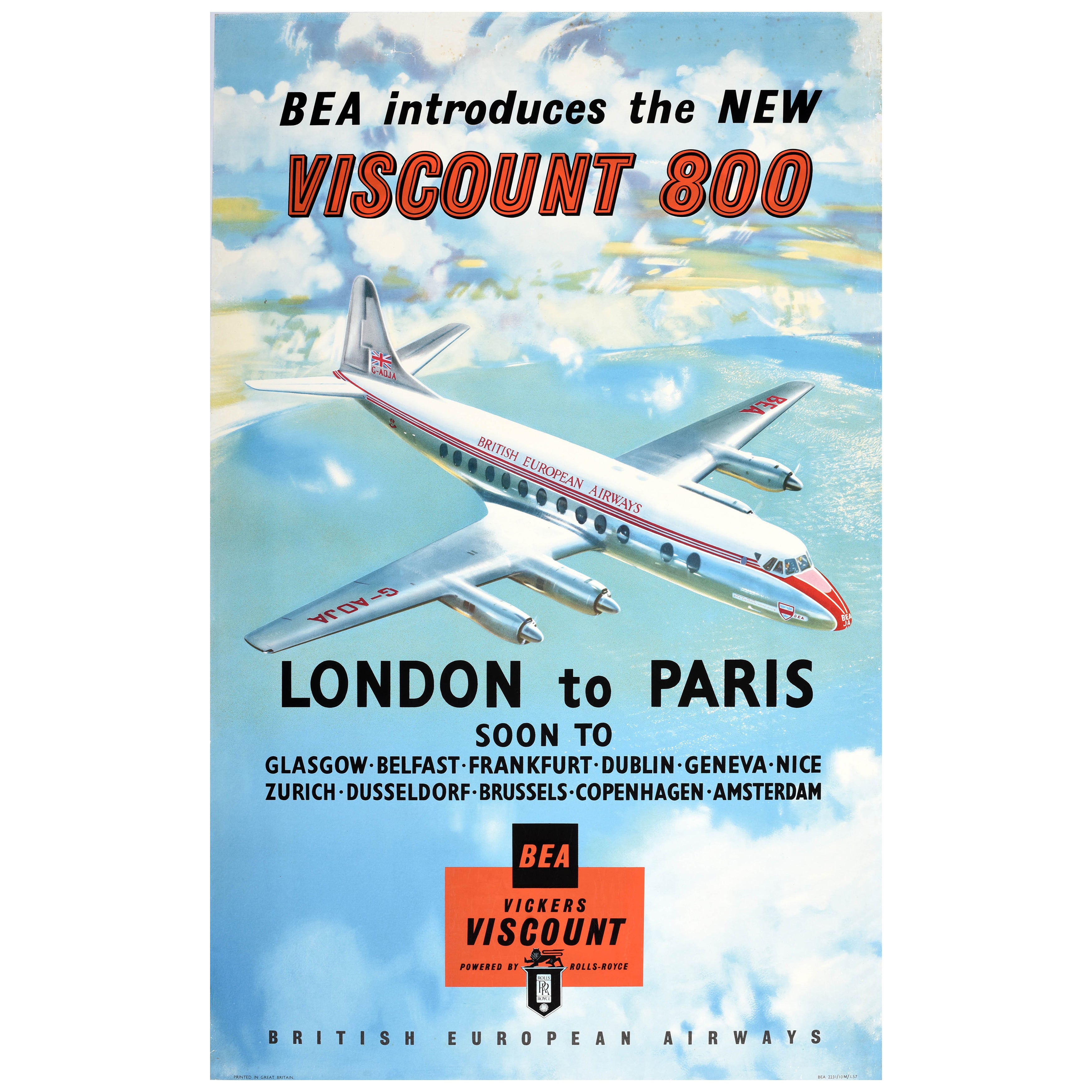 Original Vintage Travel Advertising Poster BEA Airline Vickers Viscount 800