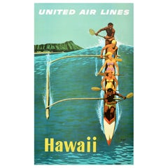 Original Vintage Travel Poster Hawaii Outrigger United Airlines Canoe Surfing