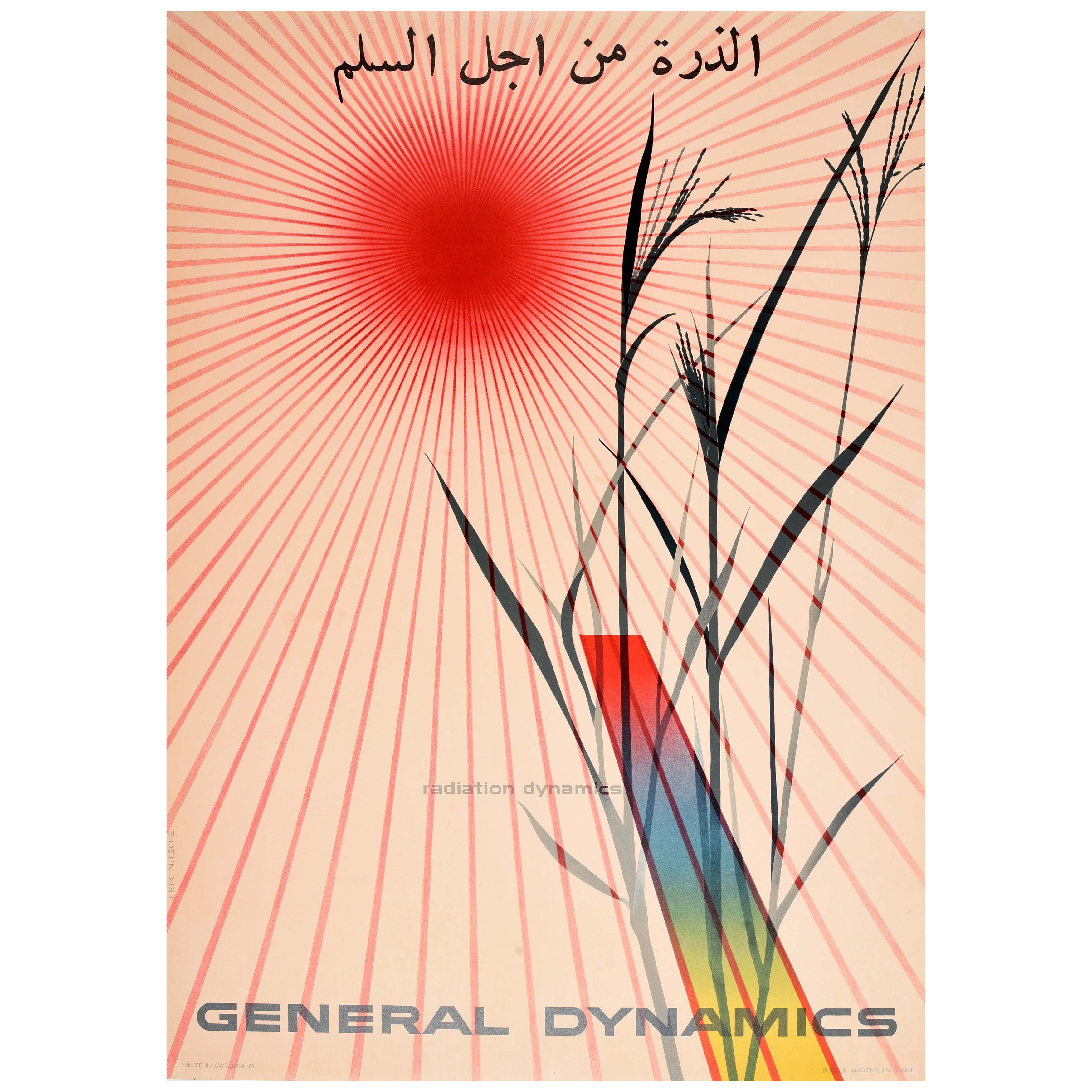 Original Vintage Poster General Dynamics Radiation Arabic Erik Nitsche Maize im Angebot