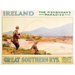 Original Antique Travel Poster Ireland Great Southern Railway Rys Fisherman