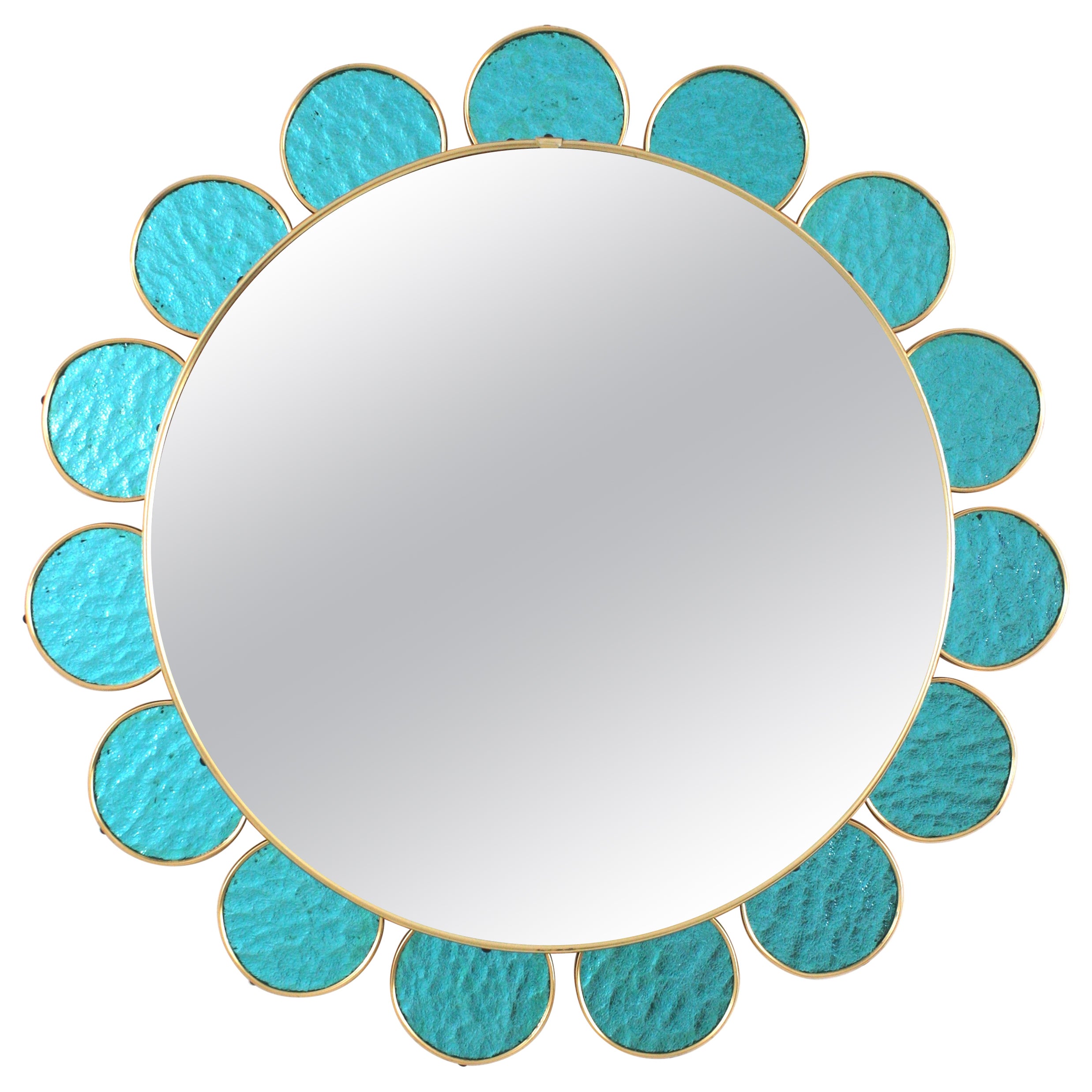 Flower Shaped Mirror in Blue Glass and Gilt Metal, 1950s For Sale