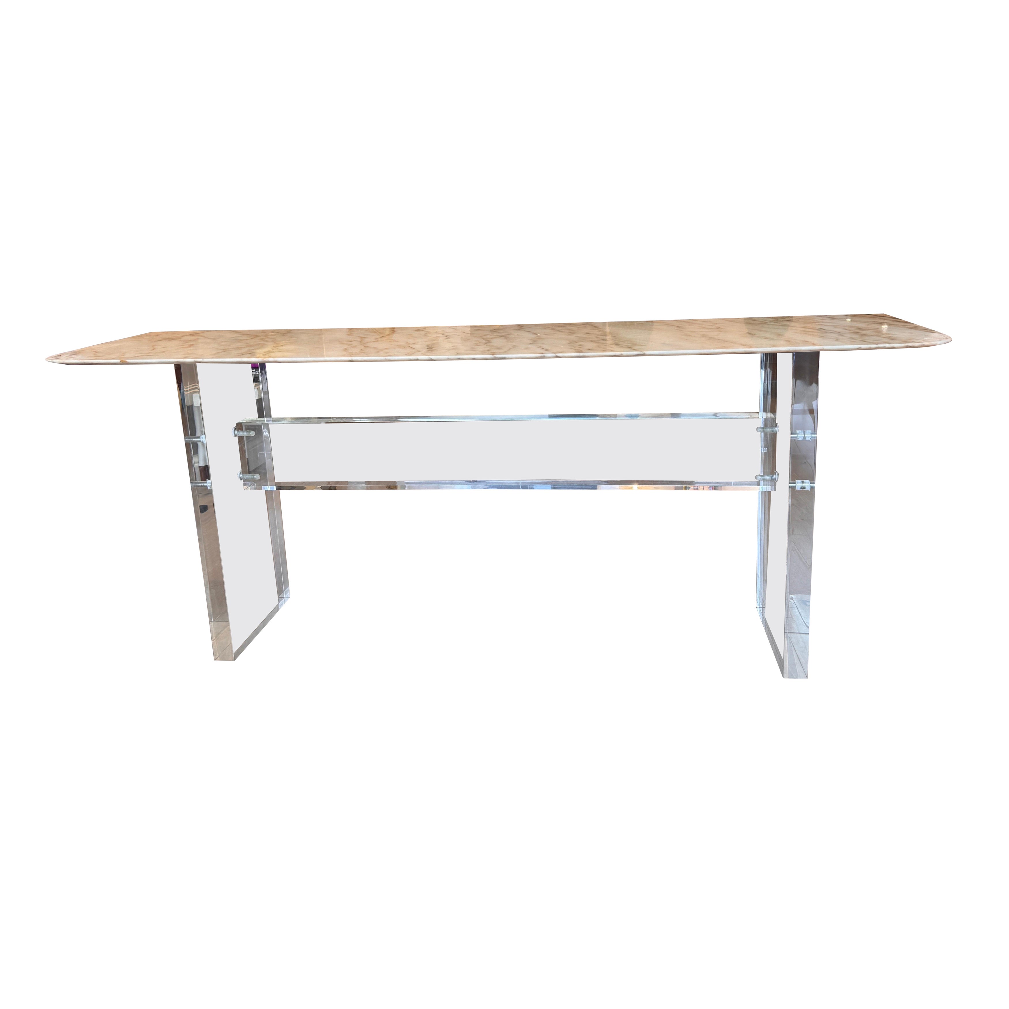 Large heavy lucite and Carrara marble sofa/console table For Sale