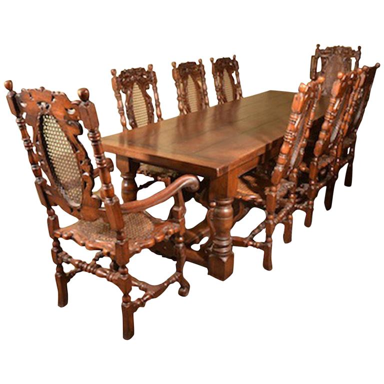 Solid Oak Refectory Dining Table and Eight Carolean Chairs For Sale at