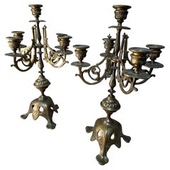 French Brass 5-Arm Candelabras, 19th Century, Set of 2