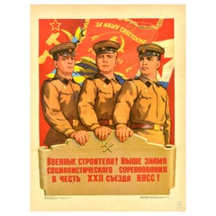 Original Vintage Soviet Propaganda Poster Military Builders USSR Socialism CPSU